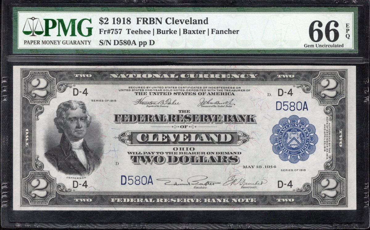 1918 $2 BATTLESHIP FEDERAL RESERVE BANK NOTE CLEVELAND FRBN PMG 66 EPQ Fr 757
