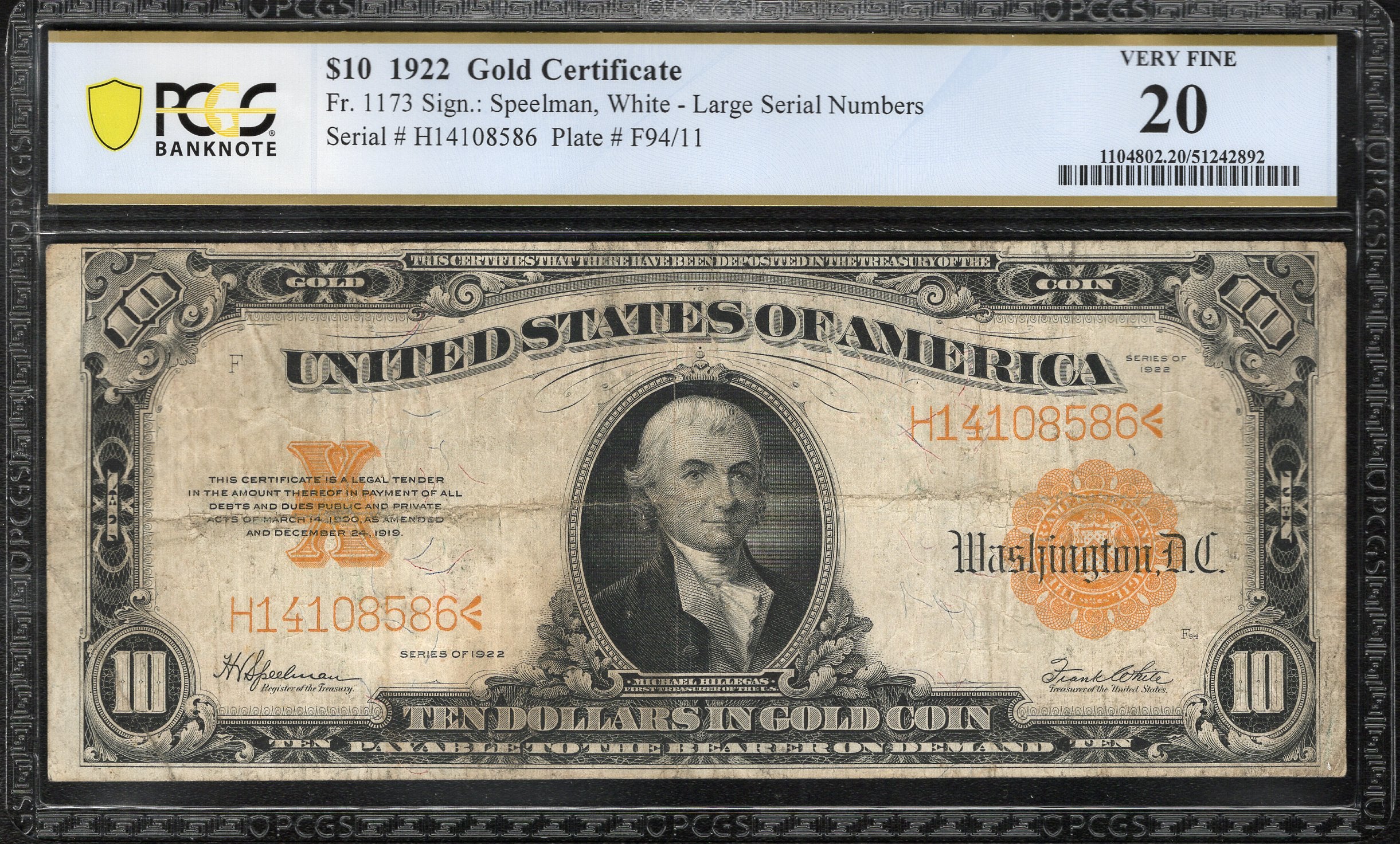 1922 $10 GOLD CERTIFICATE "HILLEGAS" PCGS 20  Fr 1173 08586
