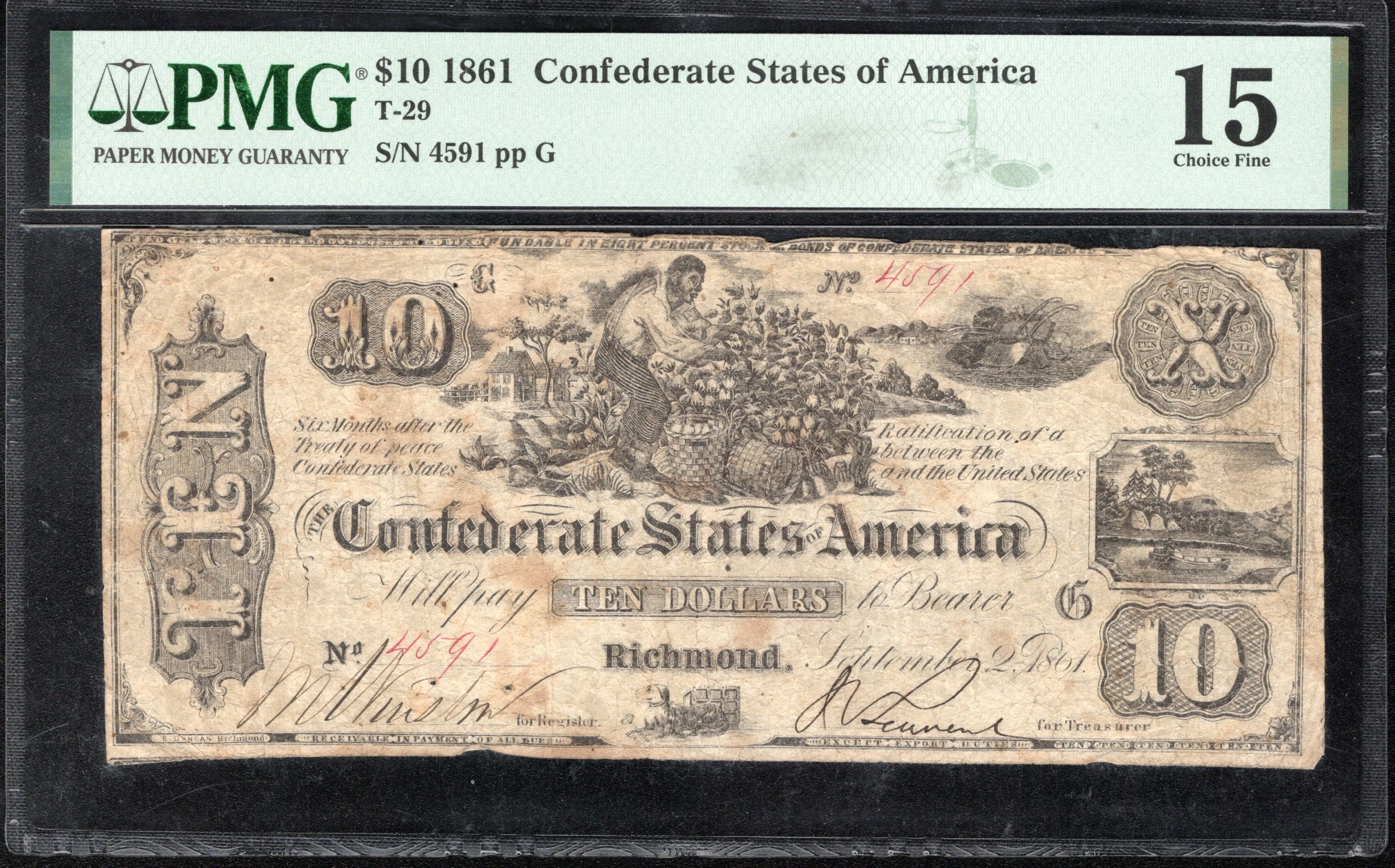 T-29 1861 $10 CONFEDERATE CURRENCY PMG 15 CIVIL WAR NOTE 4591