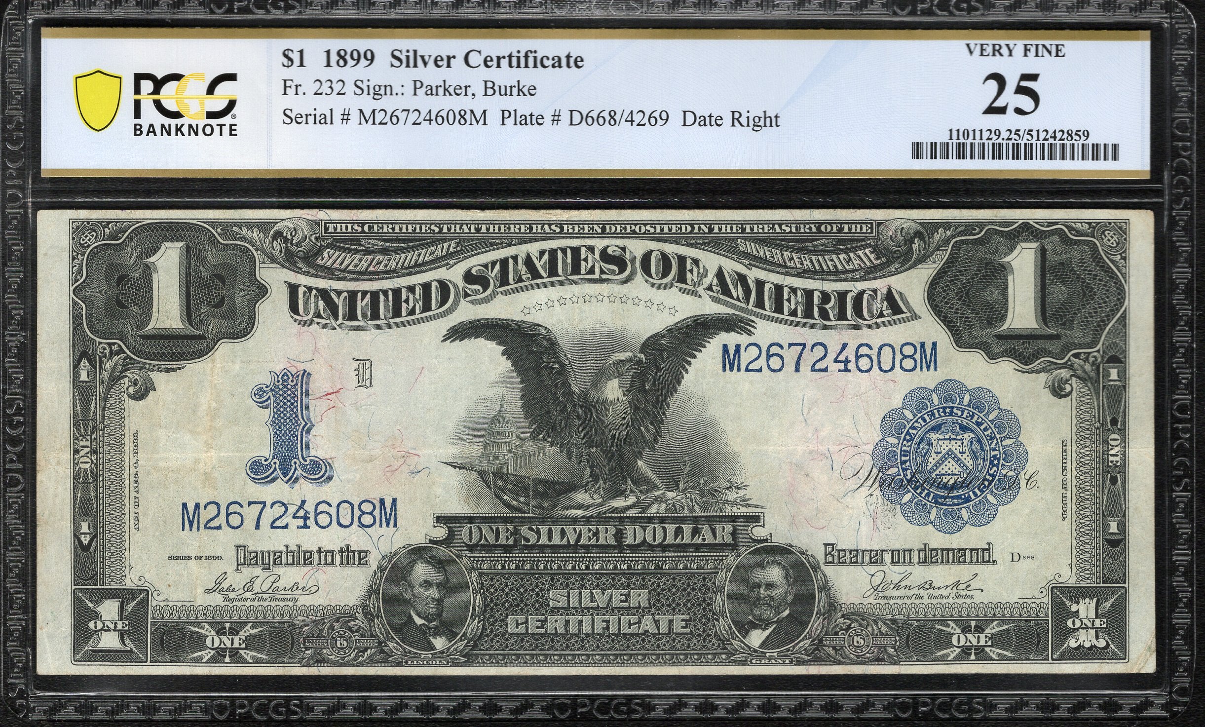 1899 $1 SILVER CERTIFICATE BLACK EAGLE PCGS 25 FR 232 24608