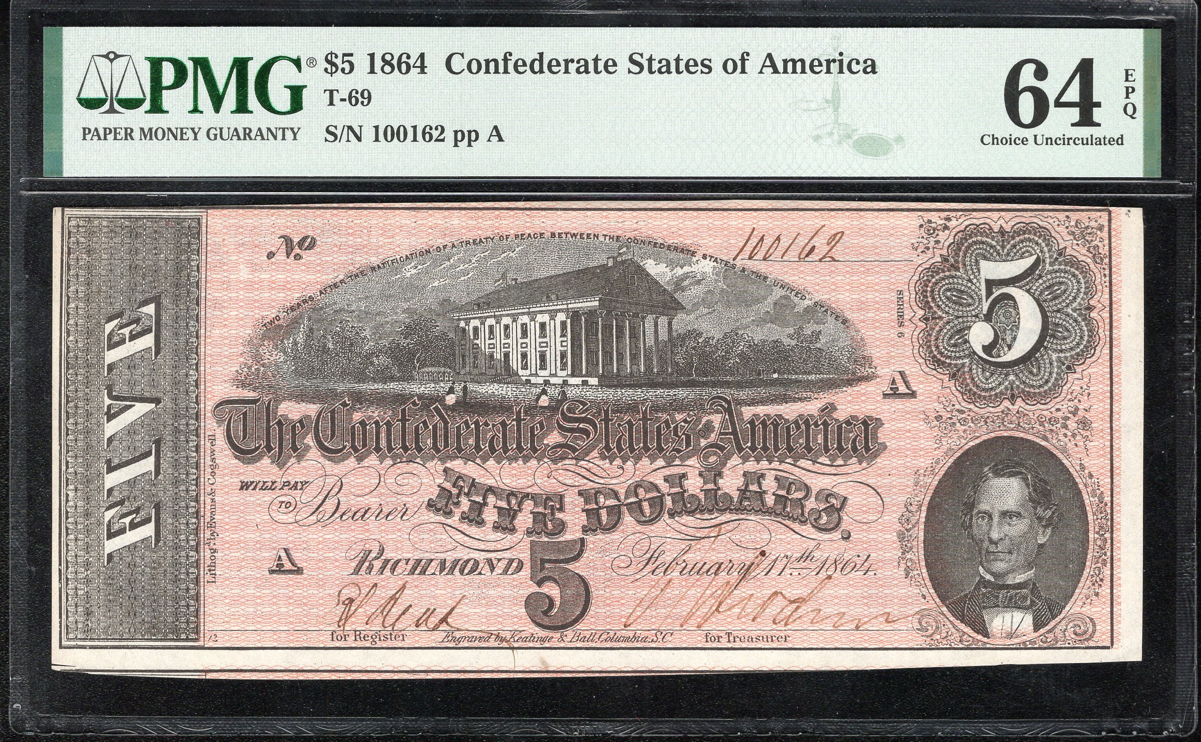 T-69 1864 $5 CONFEDERATE CURRENCY PMG 64 EPQ CIVIL WAR NOTE 100162