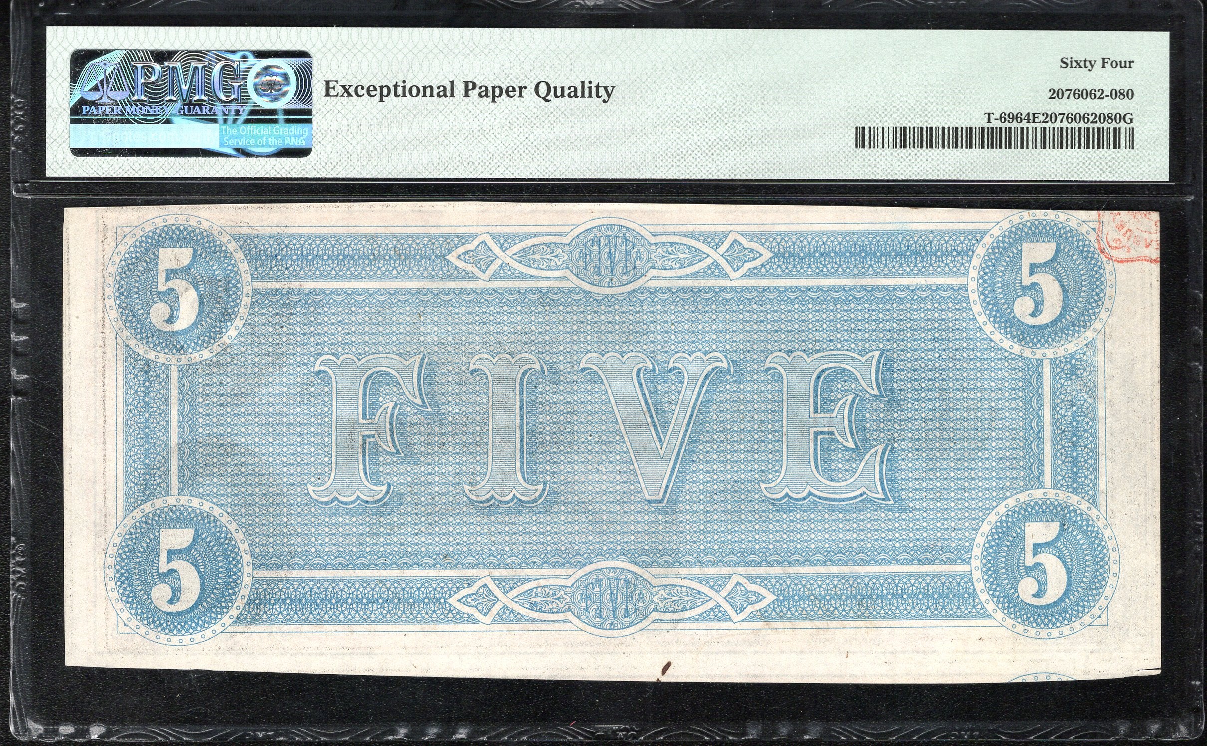T-69 1864 $5 CONFEDERATE CURRENCY PMG 64 EPQ CIVIL WAR NOTE 100162
