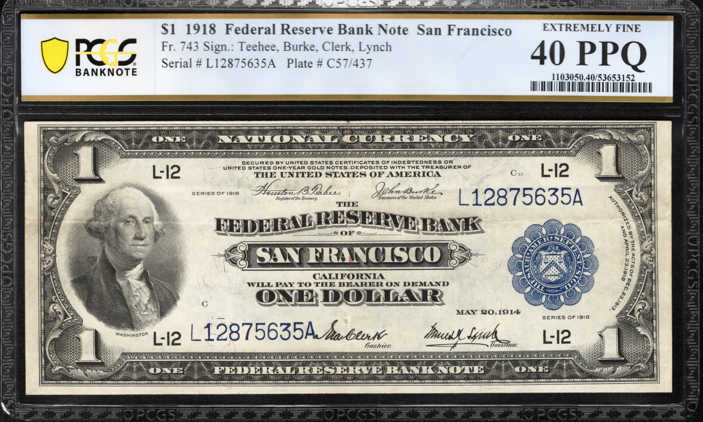 1918 $1 SAN FRANCISCO FRBN GREEN EAGLE PCGS 40 PPQ Fr 743 75635