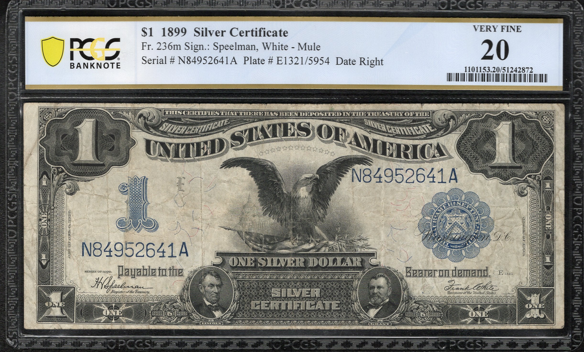 1899 $1 SILVER CERTIFICATE MULE BLACK EAGLE PCGS 20 FR 236m 52641