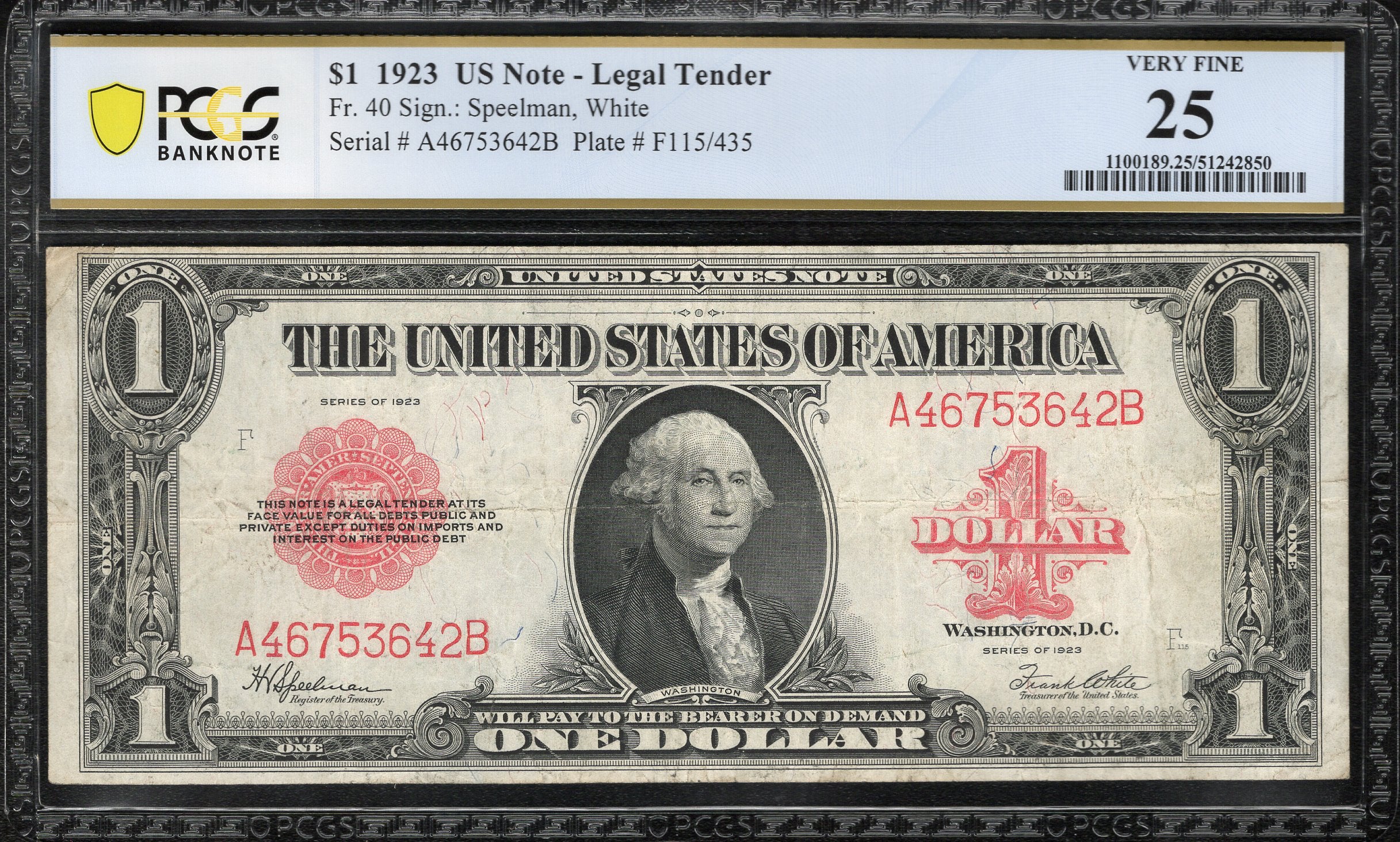1923 $1 LEGAL TENDER NOTE PCGS 25 Fr 40 RED SEAL ONE DOLLAR BILL 53642