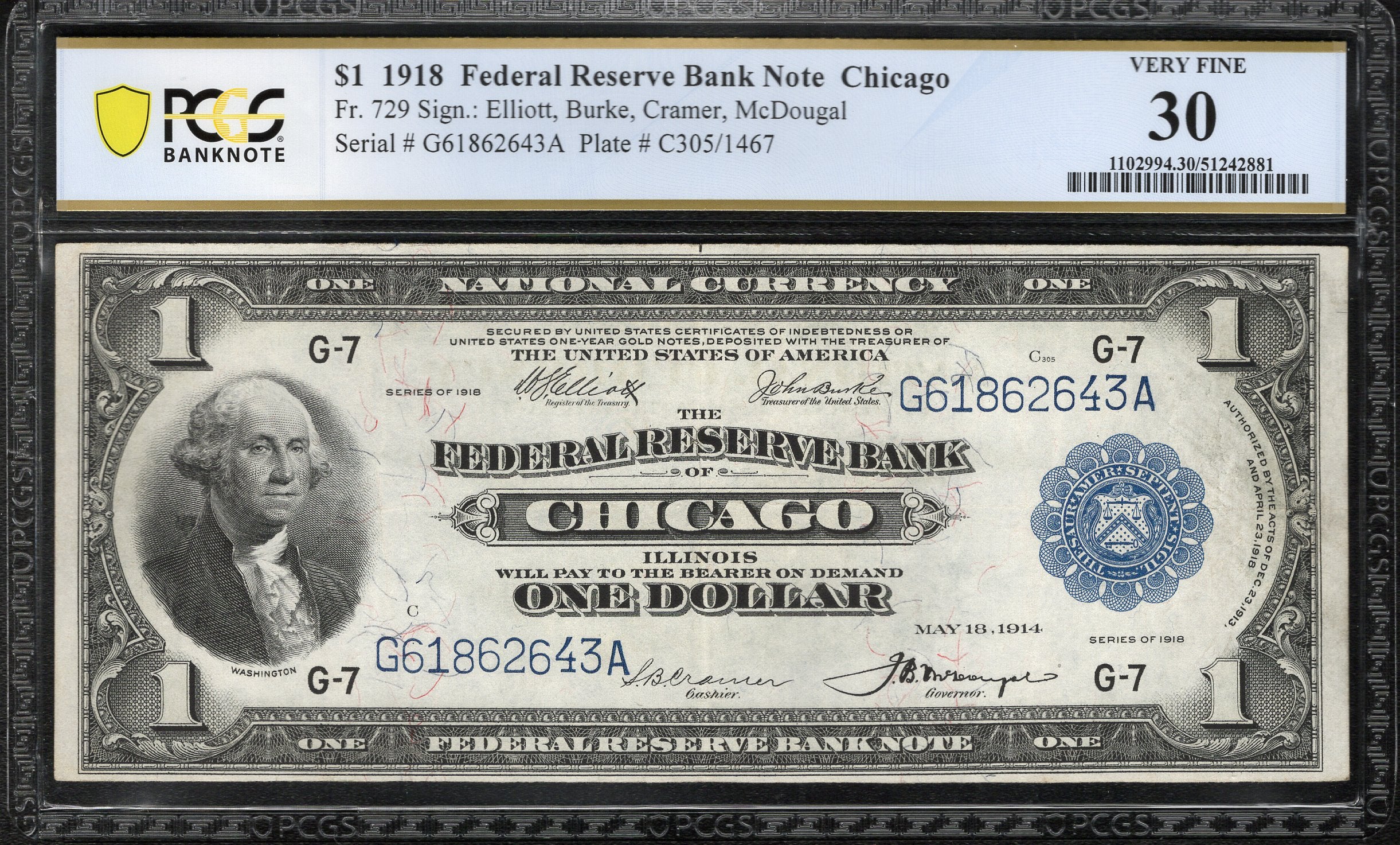 1918 $1 CHICAGO FRBN FEDERAL RESERVE BANK NOTE GREEN EAGLE PCGS 30 Fr 729 62643