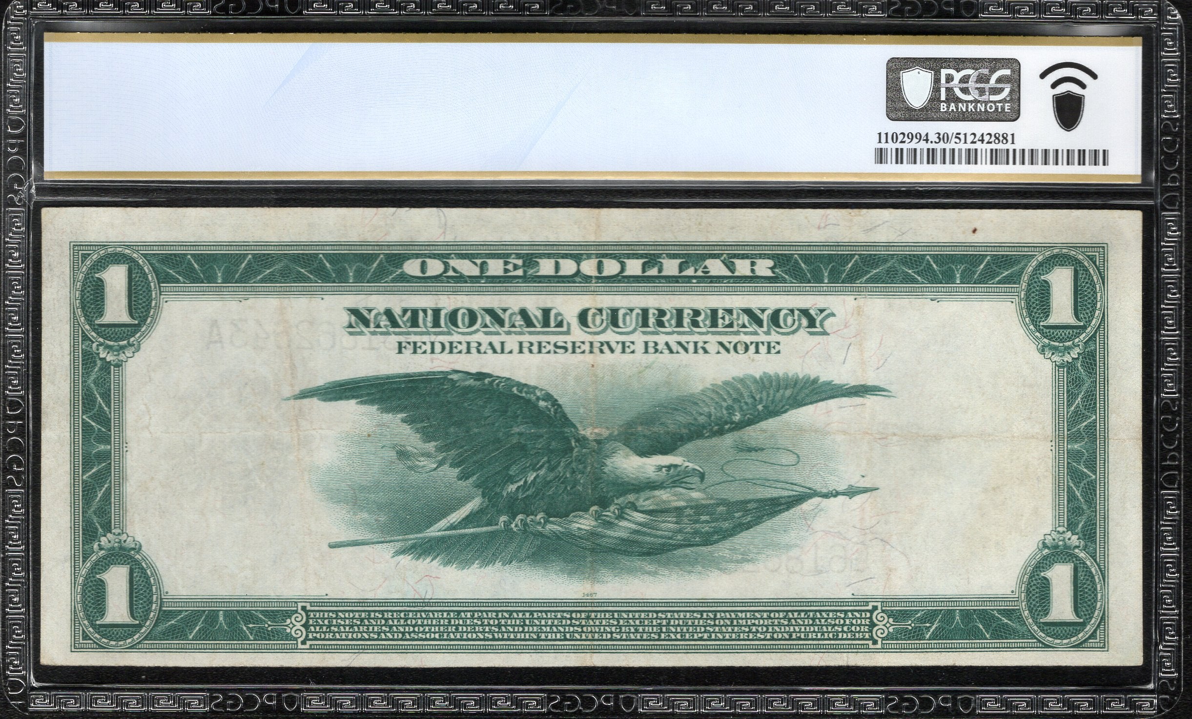 1918 $1 CHICAGO FRBN FEDERAL RESERVE BANK NOTE GREEN EAGLE PCGS 30 Fr 729 62643