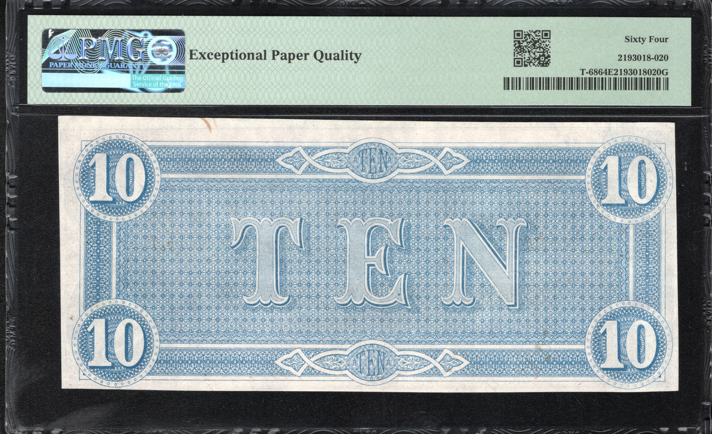 T-68 1864 $10 CONFEDERATE CURRENCY PMG 64 EPQ CIVIL WAR 29663