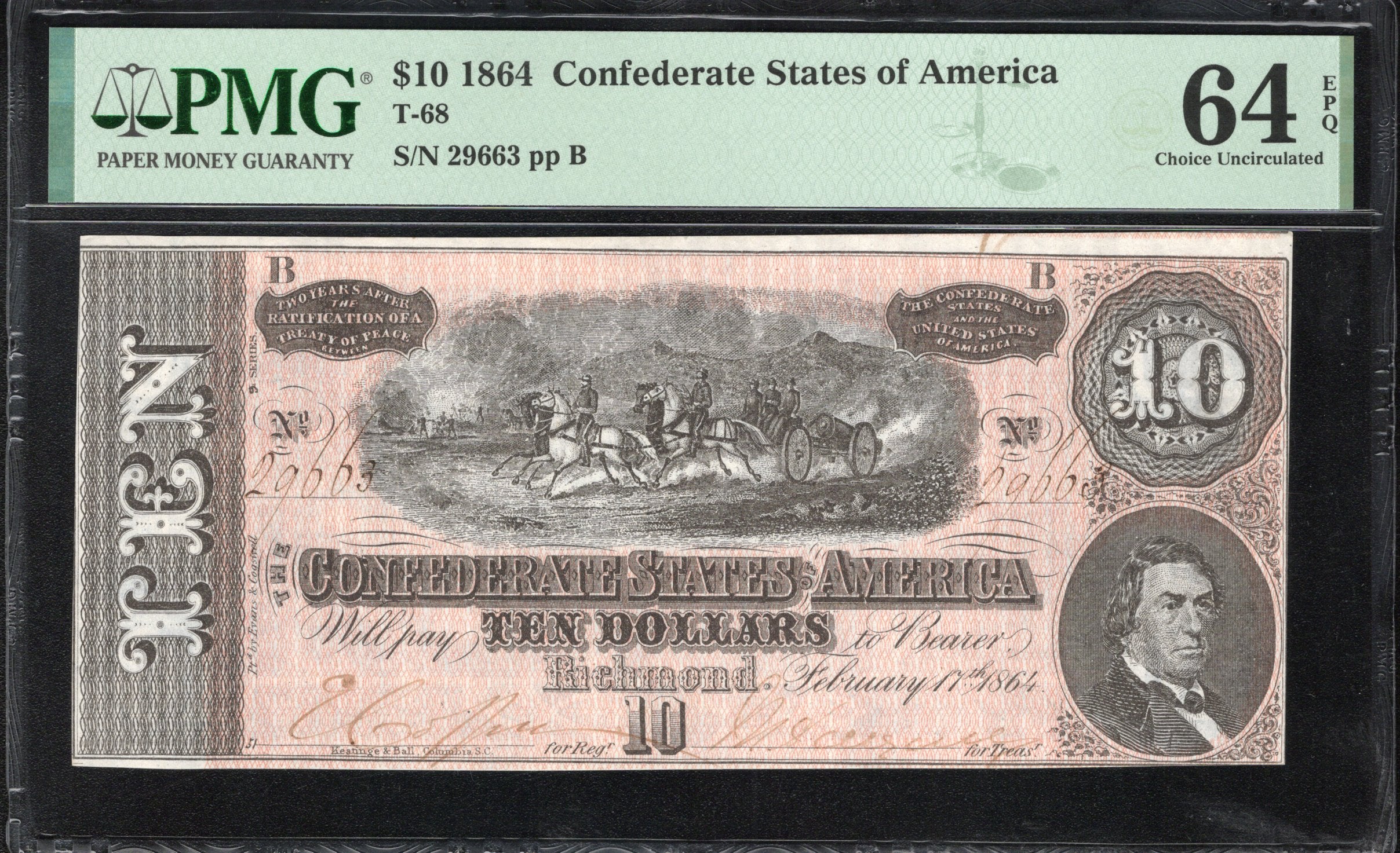 T-68 1864 $10 CONFEDERATE CURRENCY PMG 64 EPQ CIVIL WAR 29663