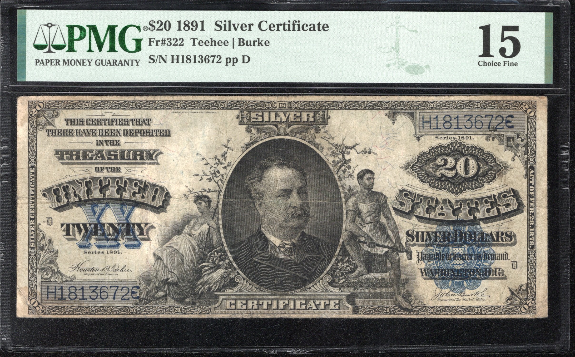 1891 $20 SILVER CERTIFICATE "MANNING NOTE" PMG 15 Fr 322 13672