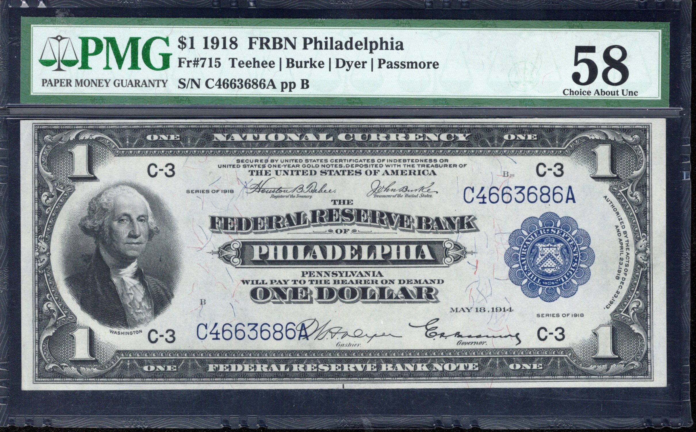 1918 $1 PHILADELPHIA FRBN GREEN EAGLE PMG 58 Fr 715 FEDERAL RESERVE BANK 36386