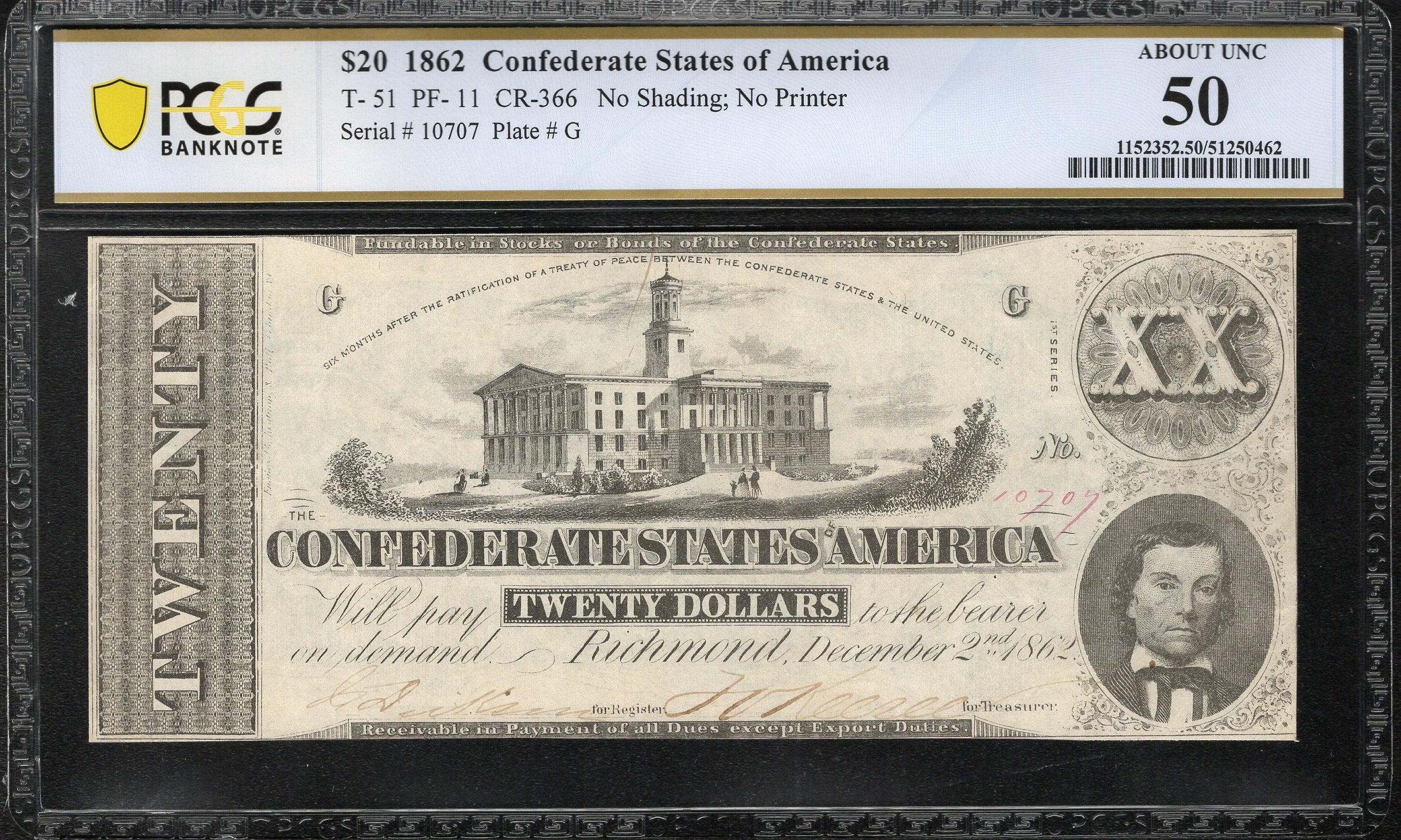 T-51 1862 $20 CONFEDERATE CURRENCY PCGS 50 CIVIL WAR 10707