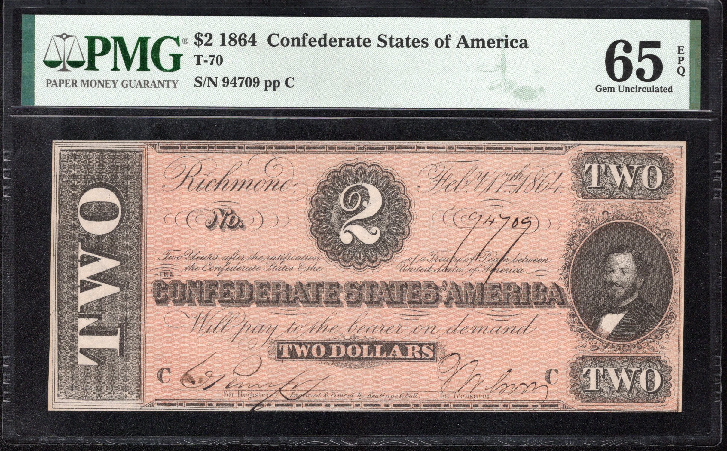 T-70 1864 $2 Confederate Currency PMG 65 EPQ Civil War Note 94709