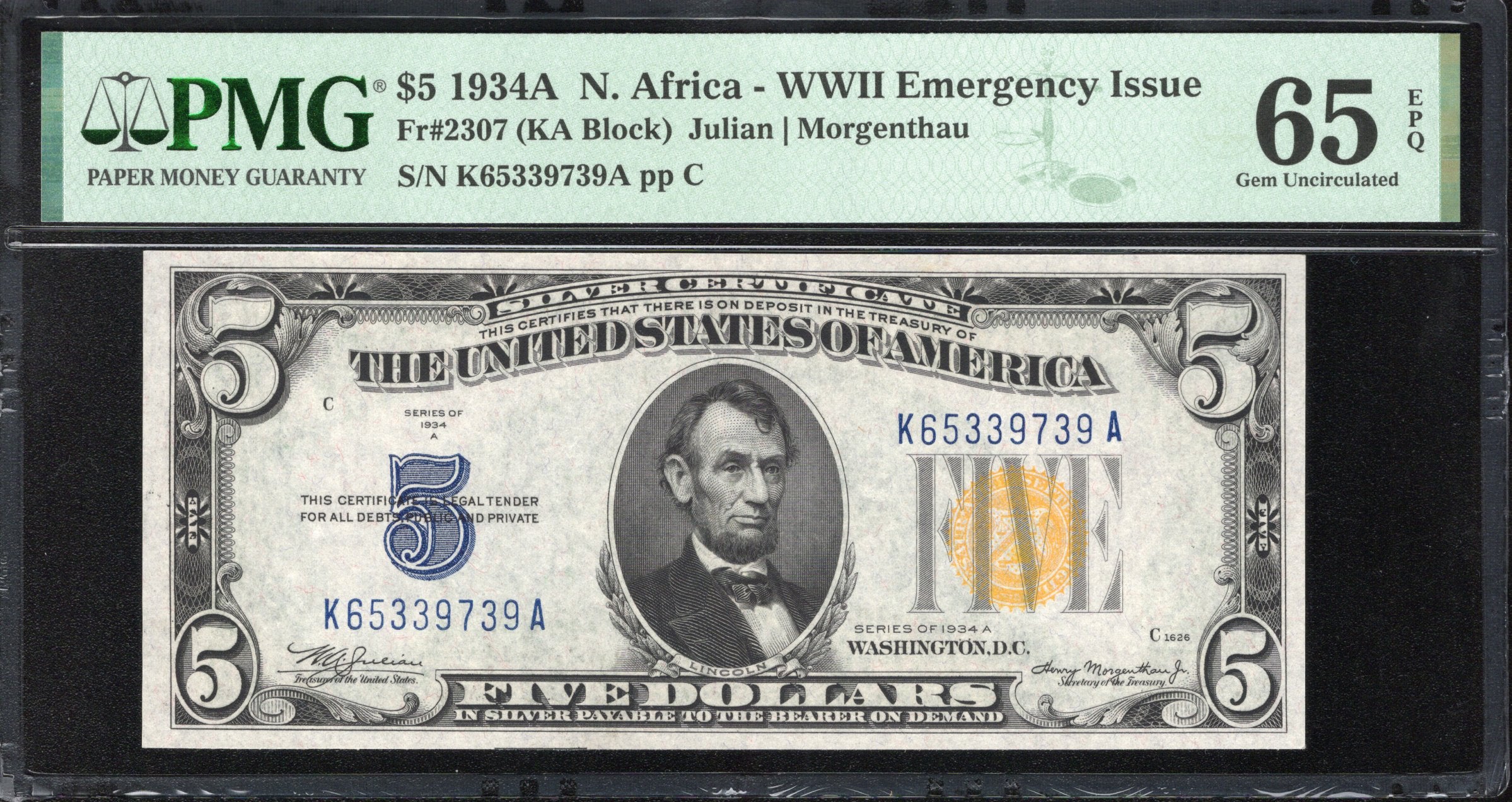 1934-A $5 NORTH AFRICA Silver Certificate PMG 65 EPQ Fr 2307 WWII CURRENCY 39739