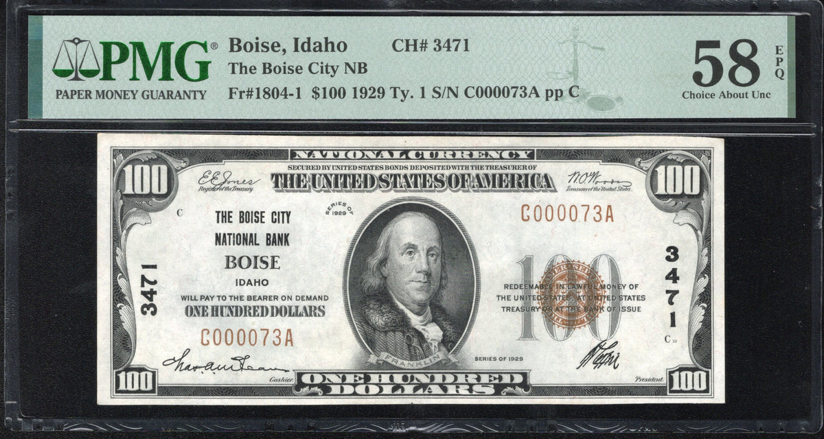1929 $100 BOISE, ID NATIONAL BANK NOTE PMG 58 EPQ IDAHO ONE HUNDRED DOLLAR BILL
