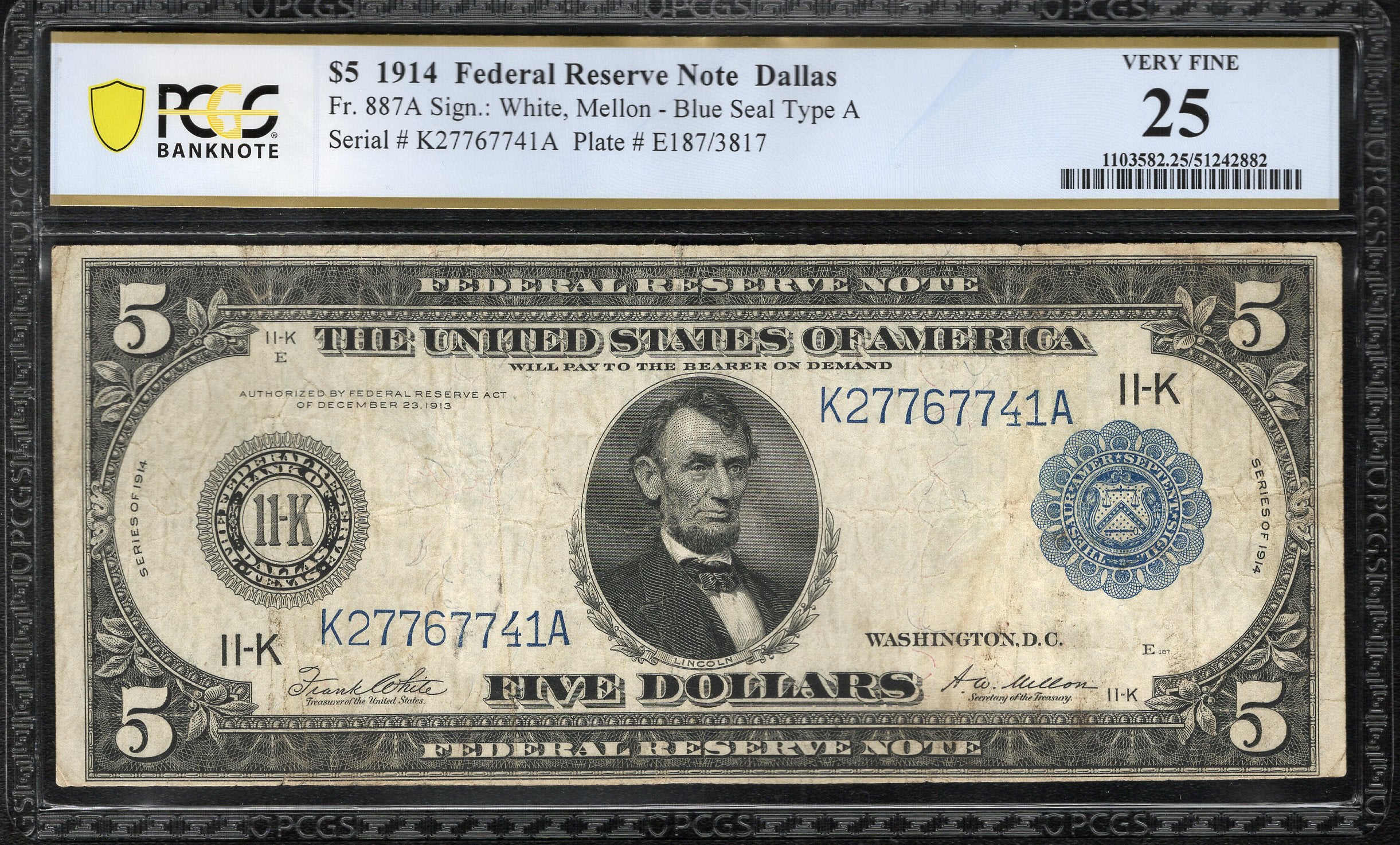 1914 $5 DALLAS FRN FEDERAL RESERVE NOTE PCGS 25 Fr 887a 67741