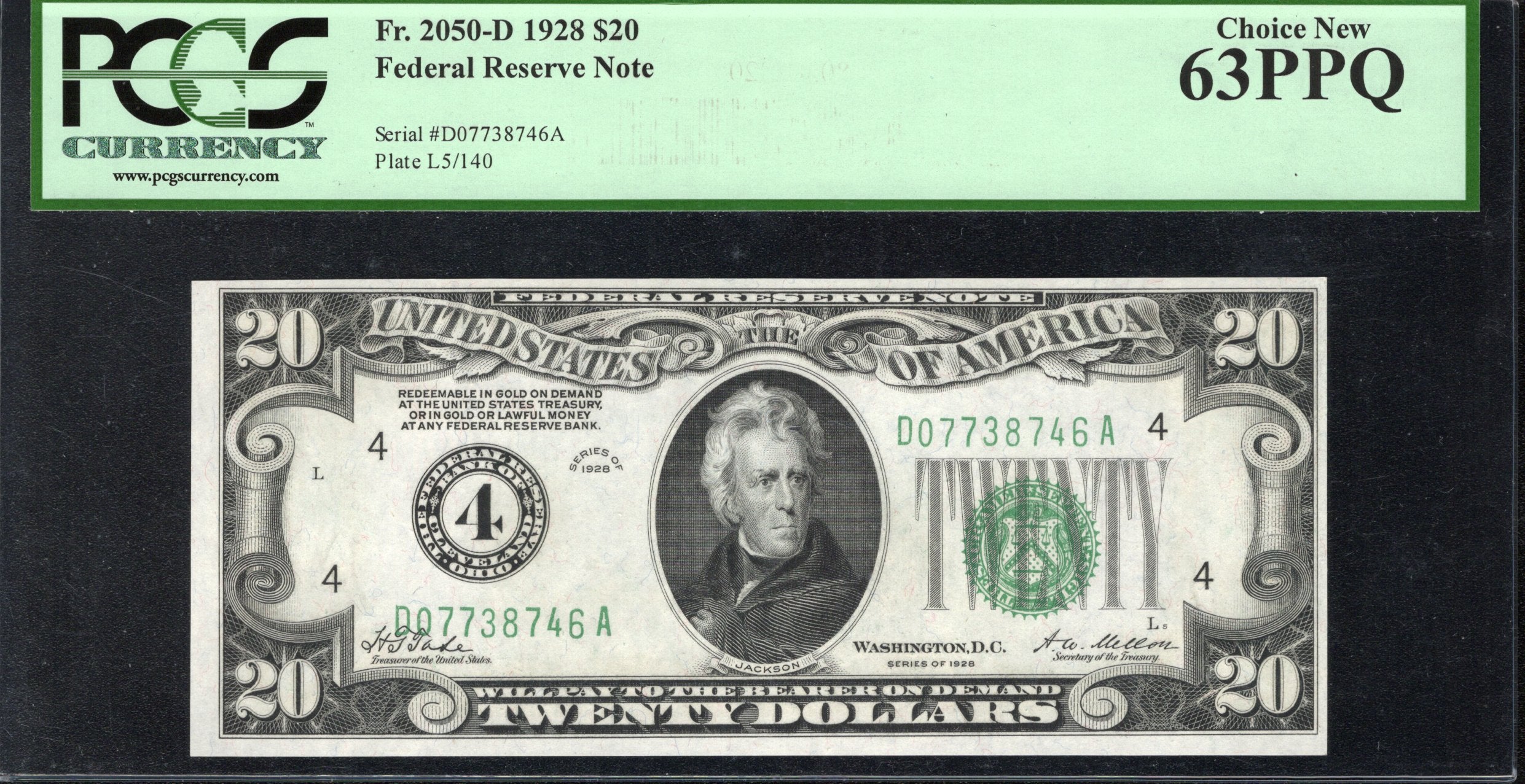 1928 $20 CLEVELAND NUMERICAL FRN Federal Reserve Note PCGS 63 PPQ Fr 2050-D 8746