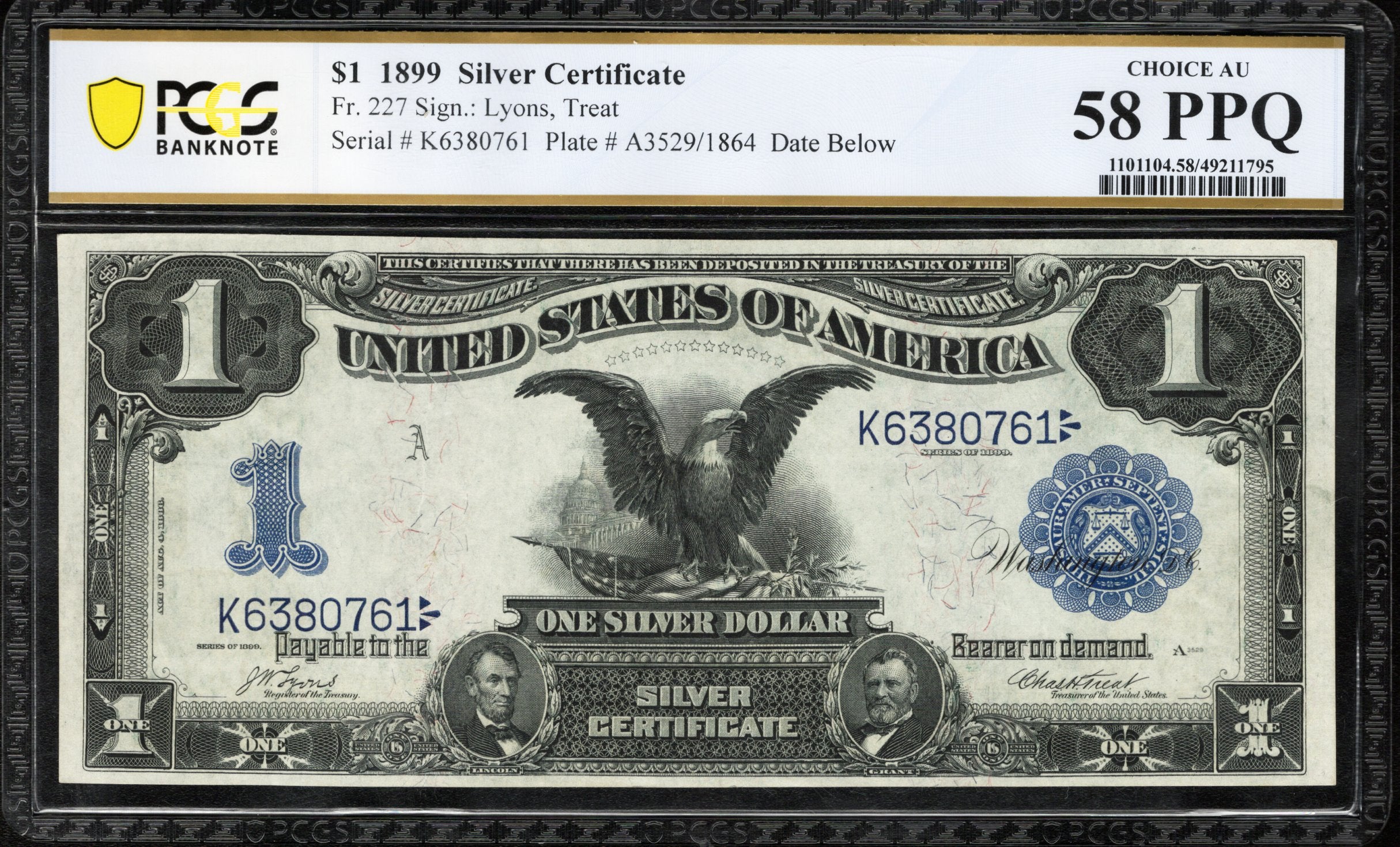 1899 $1 SILVER CERTIFICATE "BLACK EAGLE" PCGS 58 PPQ Fr 227 80761