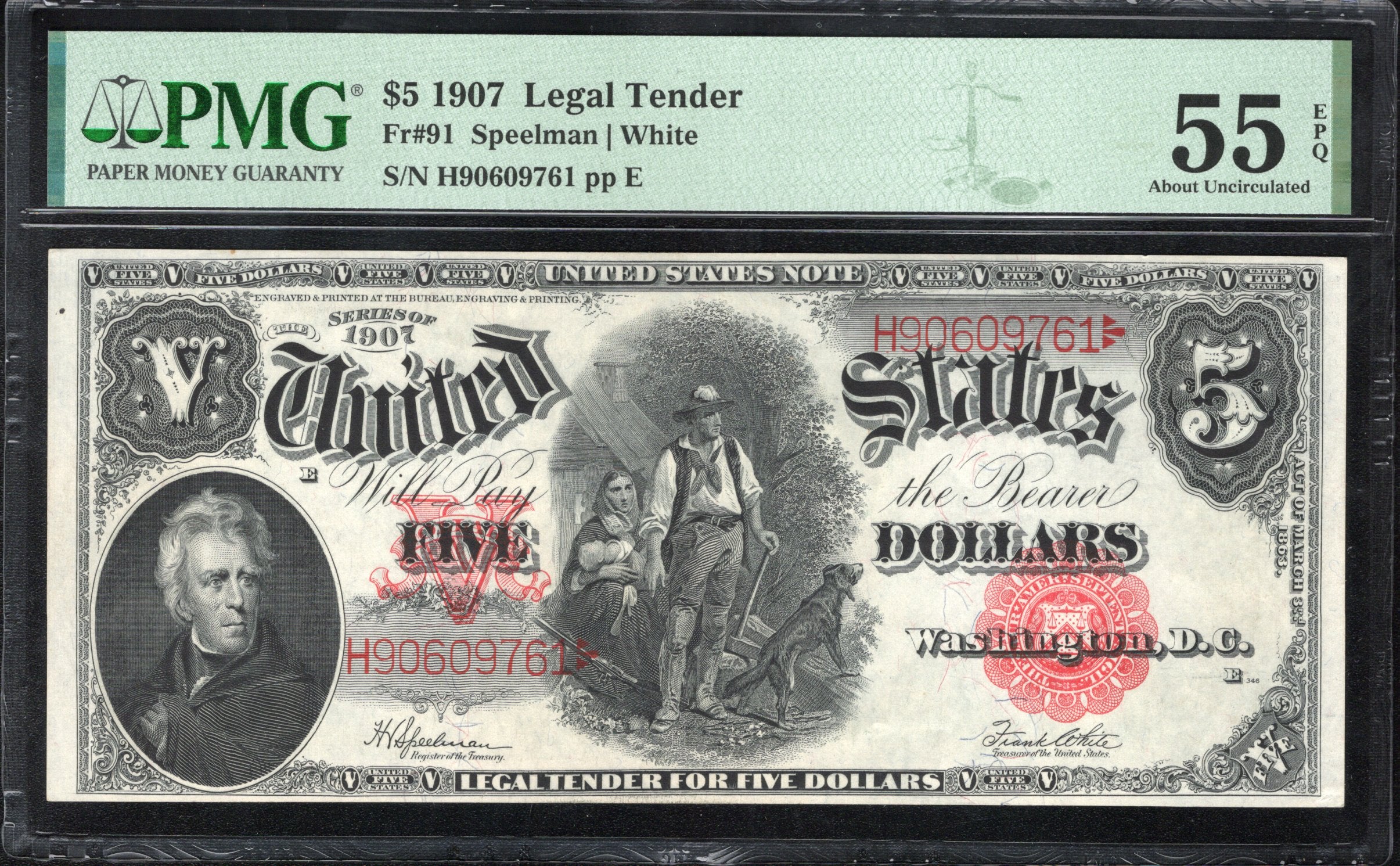 1907 $5 Legal Tender Woodchopper US Note PMG 55 EPQ Fr 91