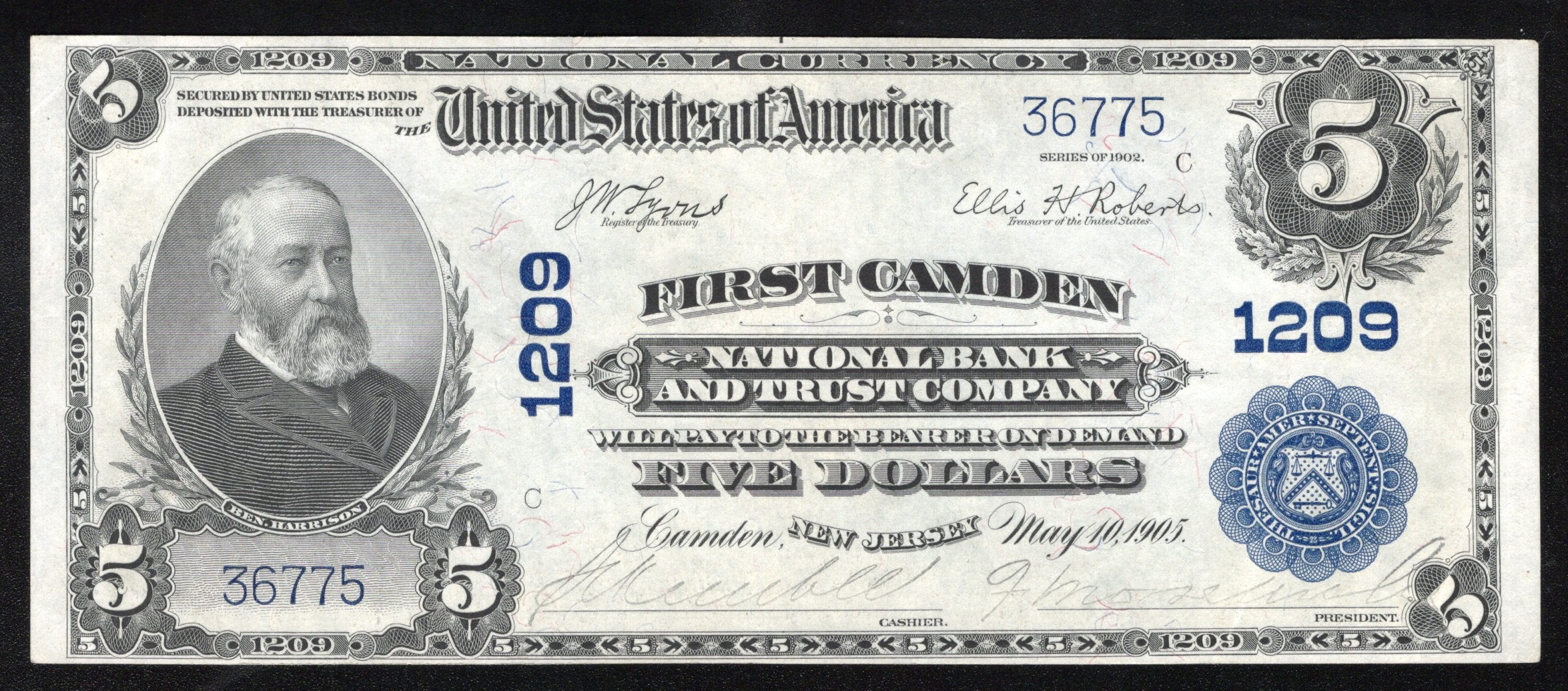 1902 $5 CAMDEN, NJ NATIONAL BANK NOTE NEW JERSEY CURRENCY 36775