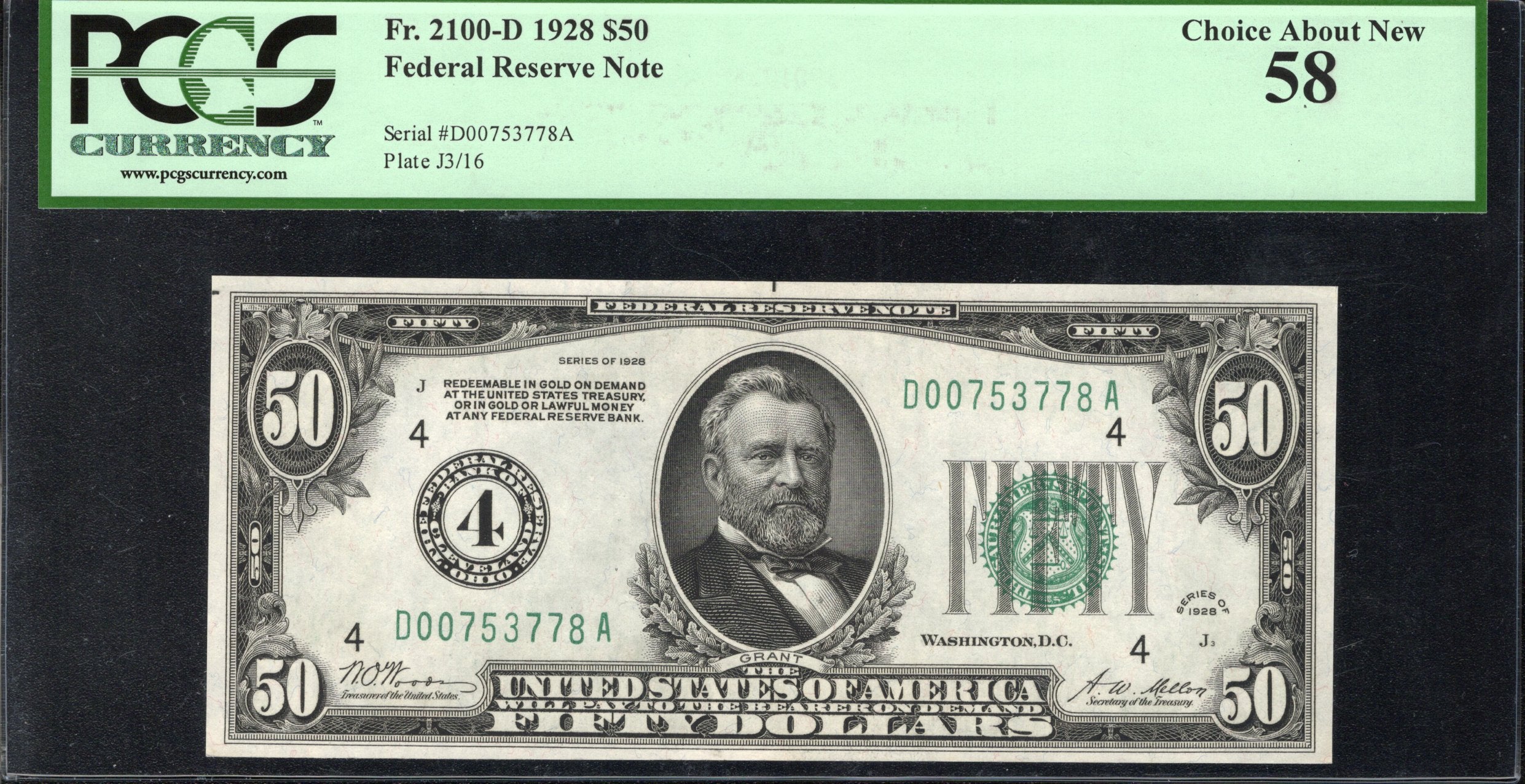 1928 $50 CLEVELAND NUMERICAL FRN Federal Reserve Note PCGS 58 Fr 2050-D 53778