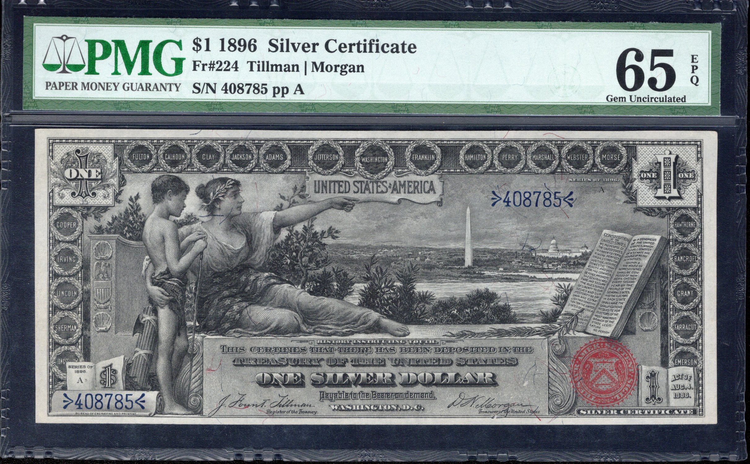 1896 $1 SILVER CERTIFICATE EDUCATIONAL NOTE PMG 65 EPQ Fr 224 08785