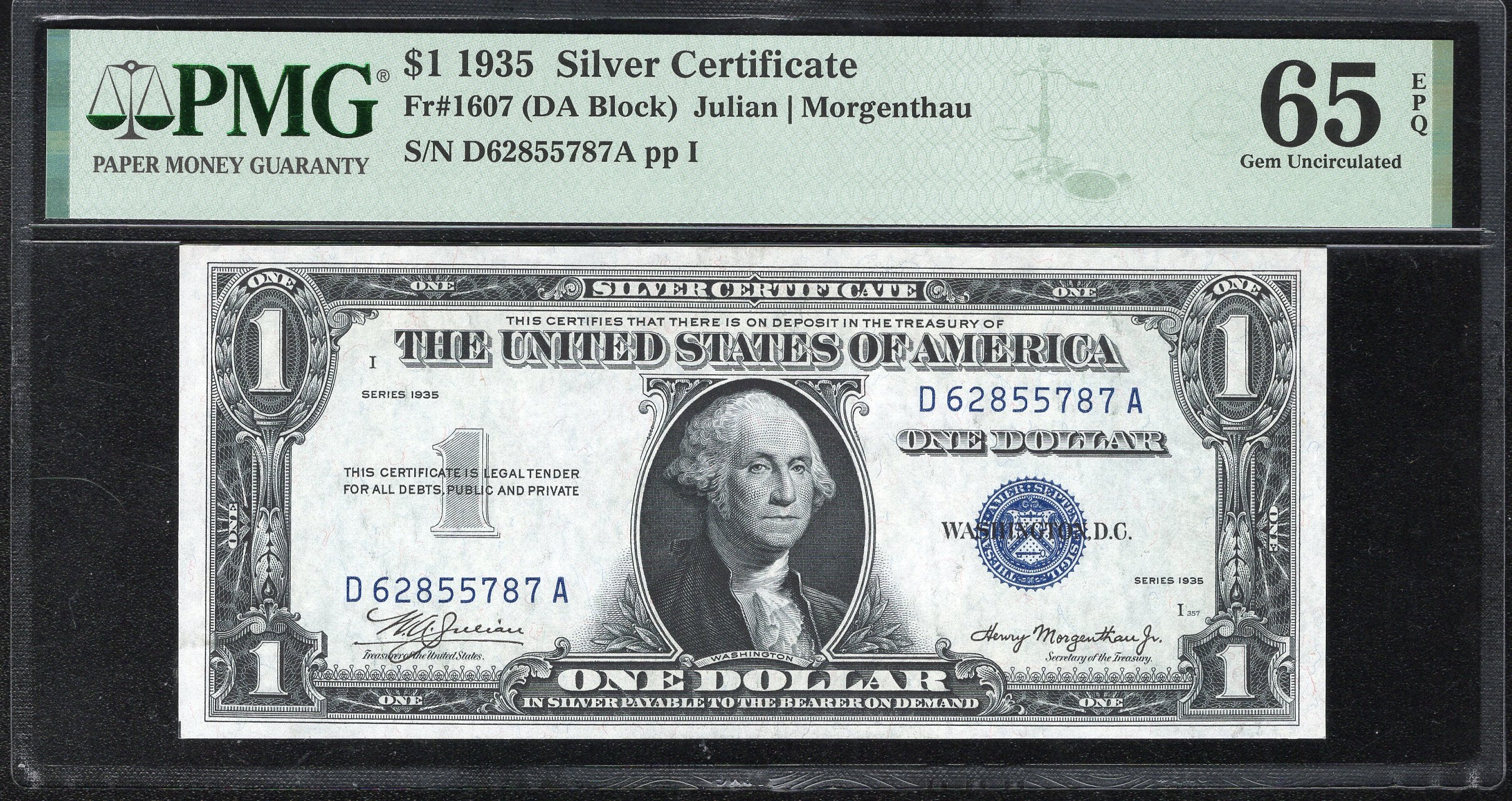 1935 $1 SILVER CERTIFICATE PLAIN D-A Block Fr 1607 PMG 65 EPQ 55787