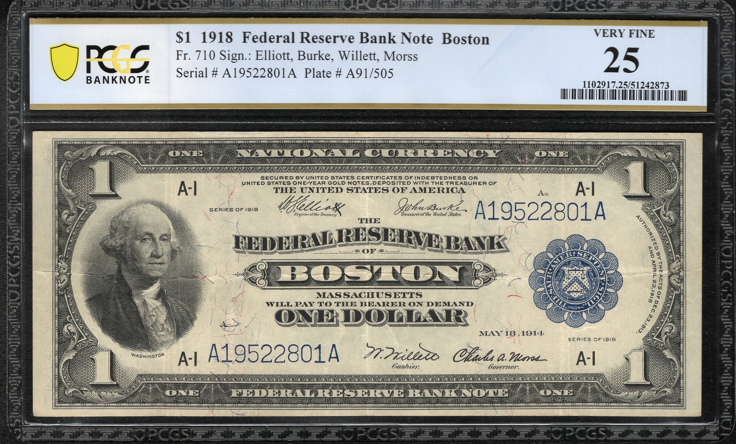 1918 $1 BOSTON FRBN "GREEN EAGLE" FEDERAL RESERVE PCGS 25 Fr 710 22801