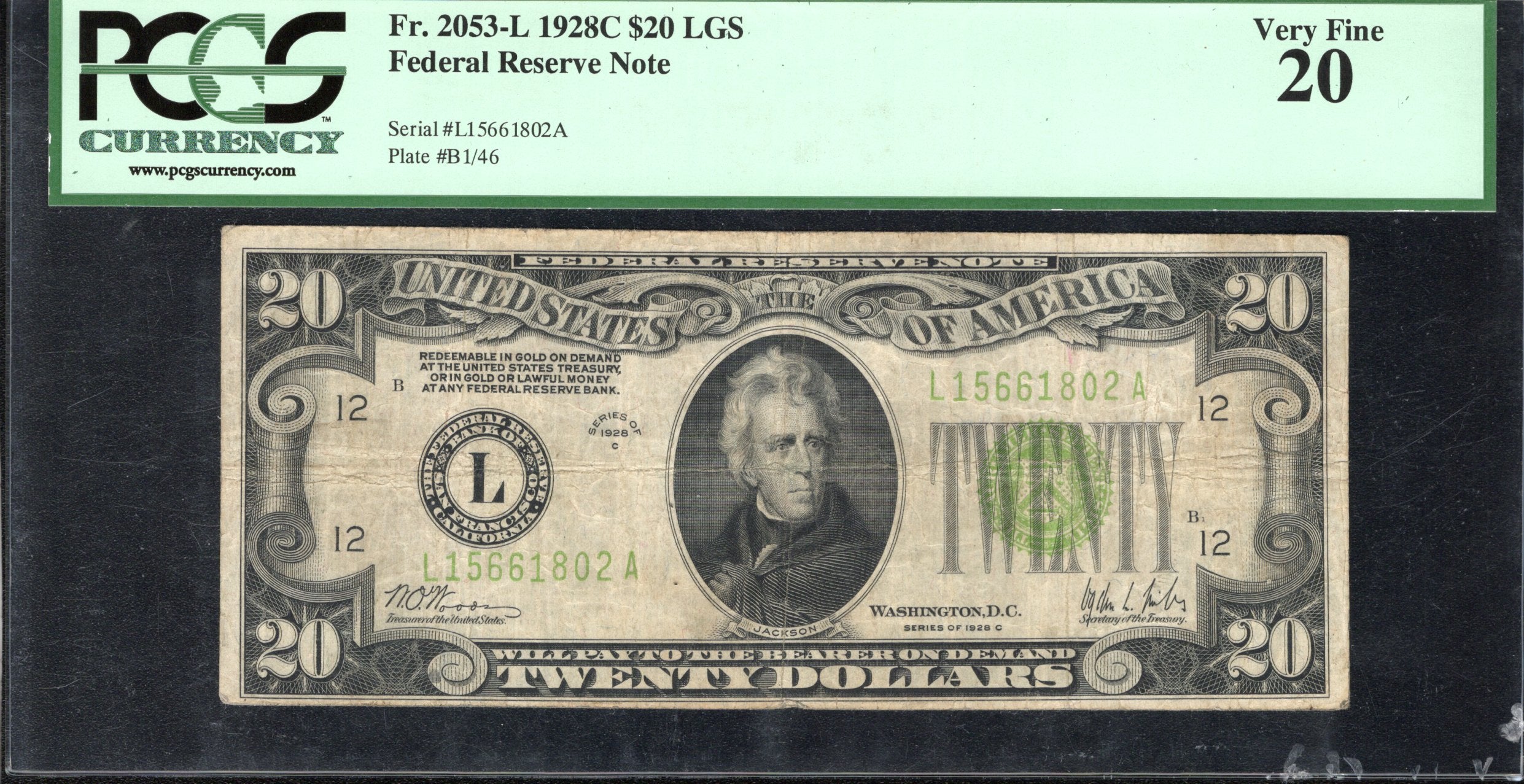 1928-C $20 SAN FRANCISCO LIGHT GREEN SEAL FRN PCGS 20 Fr 2053-L 61802