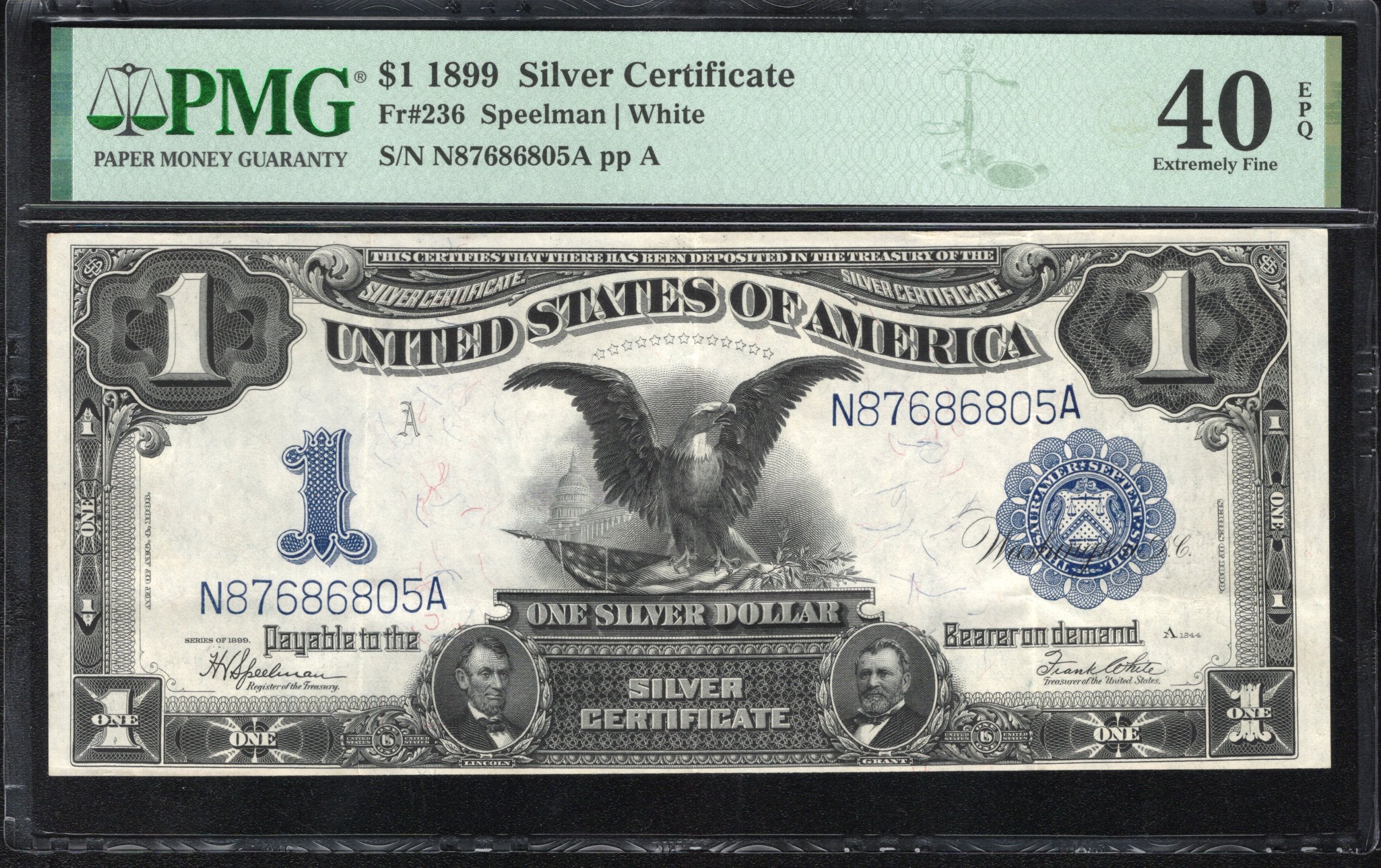 1899 $1 SILVER CERTIFICATE BLACK EAGLE PMG 40 EPQ Fr 236 86805