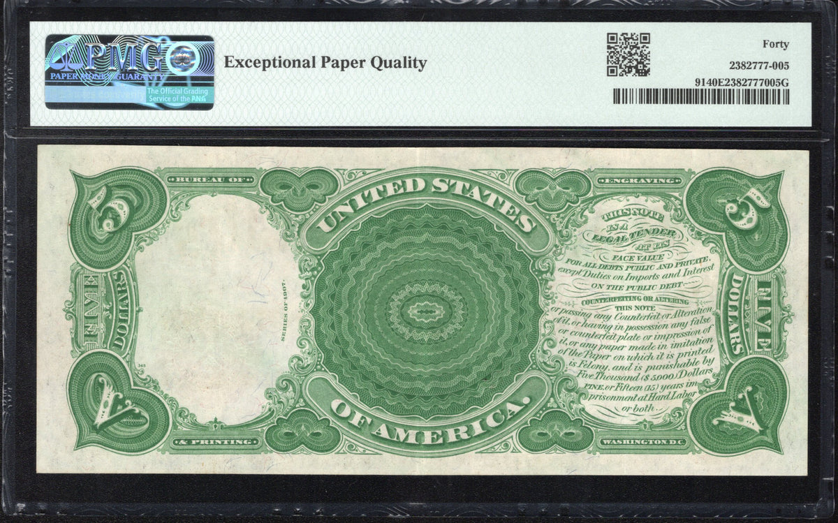 1907 $5 Legal Tender Woodchopper PMG 40 EPQ Fr 91