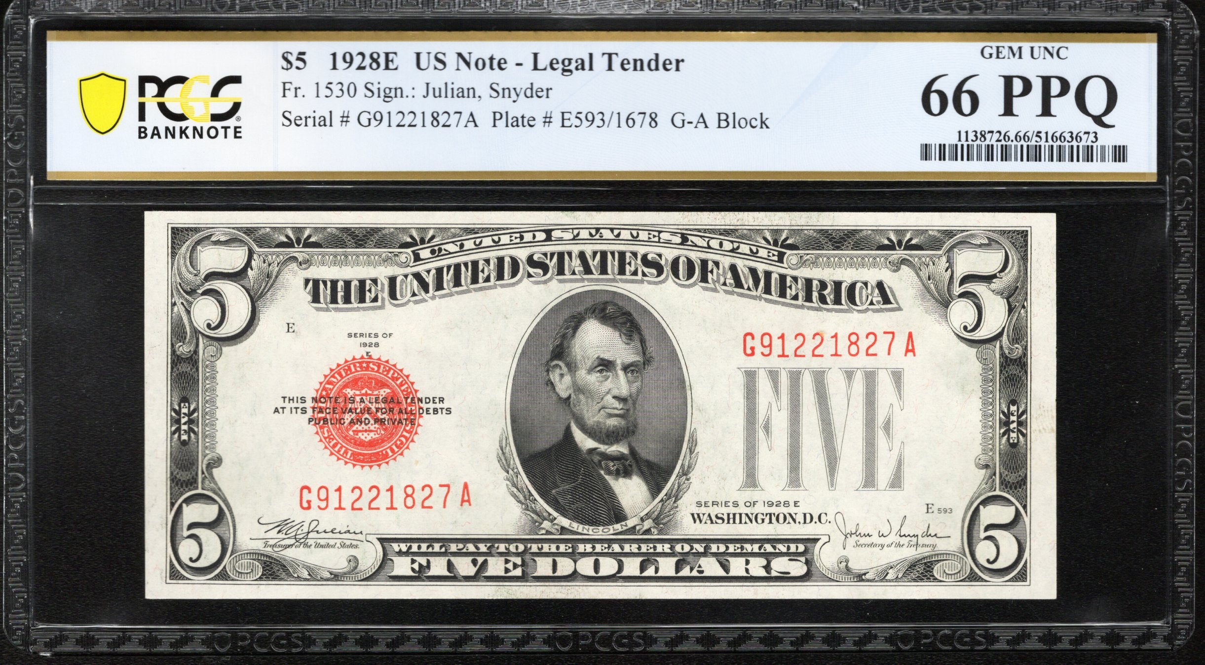 1928-E $5 LEGAL TENDER NOTE PCGS 66 PPQ RED SEAL FIVE DOLLAR BILL Fr 1530 21827
