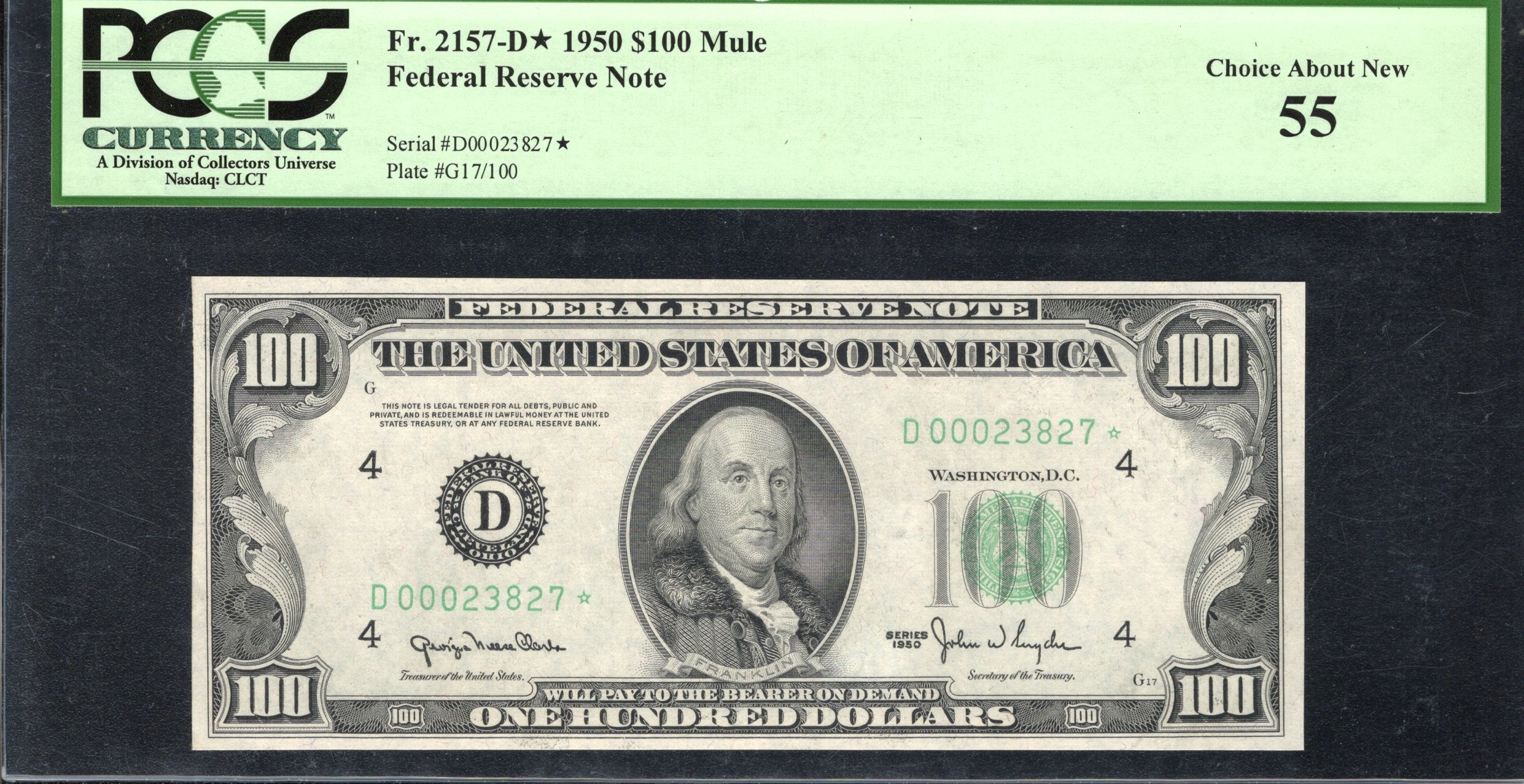1950 $100 CLEVELAND FRN MULE FEDERAL RESERVE NOTE PCGS 55 Fr 2157-D* 23827