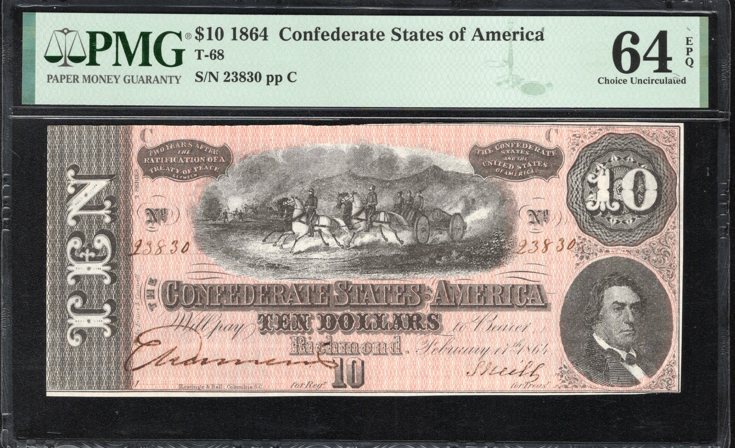 T-68 1864 $10 CONFEDERATE CURRENCY PMG 64 EPQ CIVIL WAR  23830