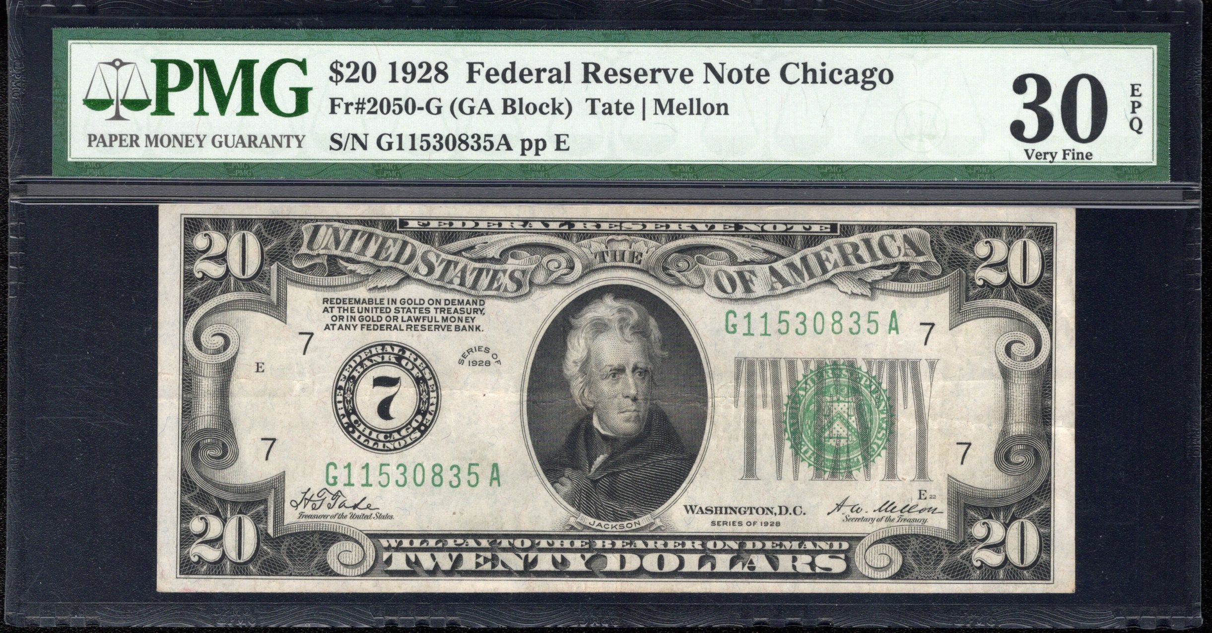 1928 $20 CHICAGO NUMERICAL FRN Federal Reserve Note PMG 30 EPQ Fr 2050-G 30835