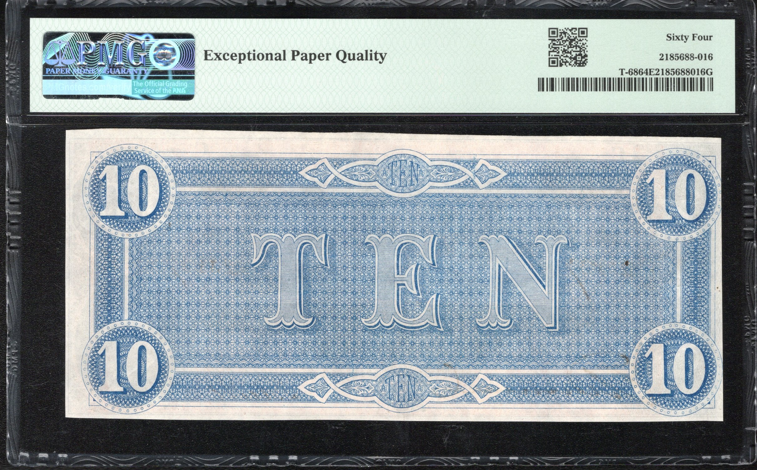 T-68 1864 $10 CONFEDERATE CURRENCY PMG 64 EPQ CIVIL WAR BILL 23837