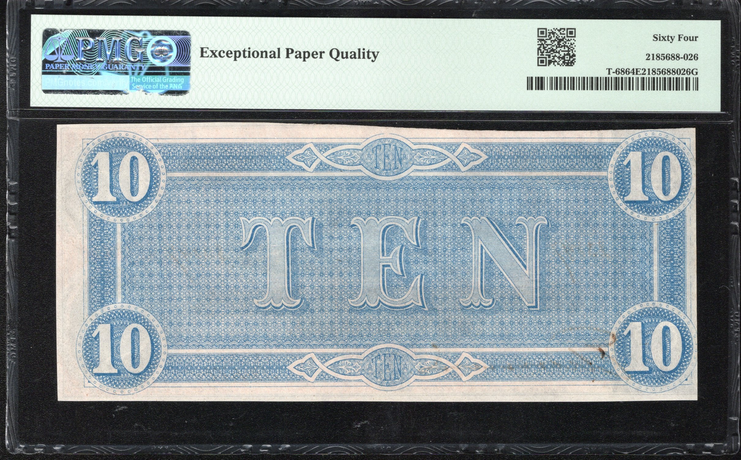 T-68 1864 $10 CONFEDERATE CURRENCY PMG 64 EPQ CIVIL WAR BILL 23847