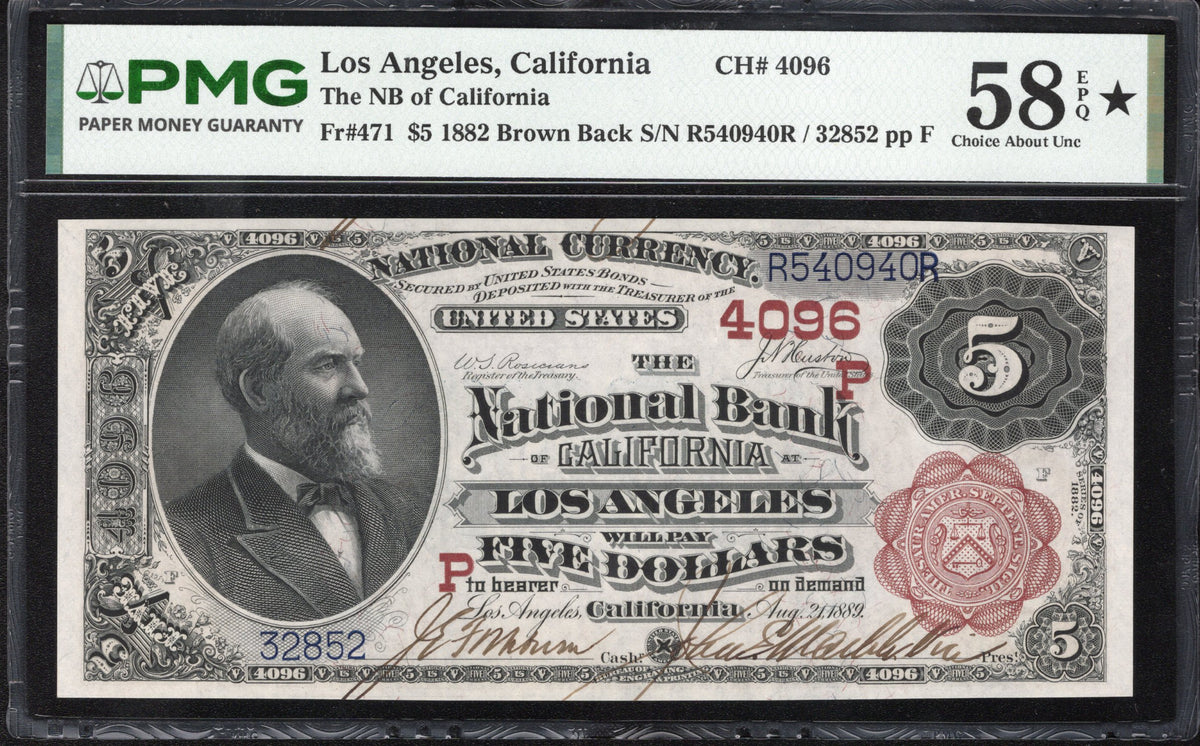 1882 $5 LOS ANGELES, CA NATIONAL BANK NOTE BROWN BACK PMG 58 EPQ* CALIFORNIA