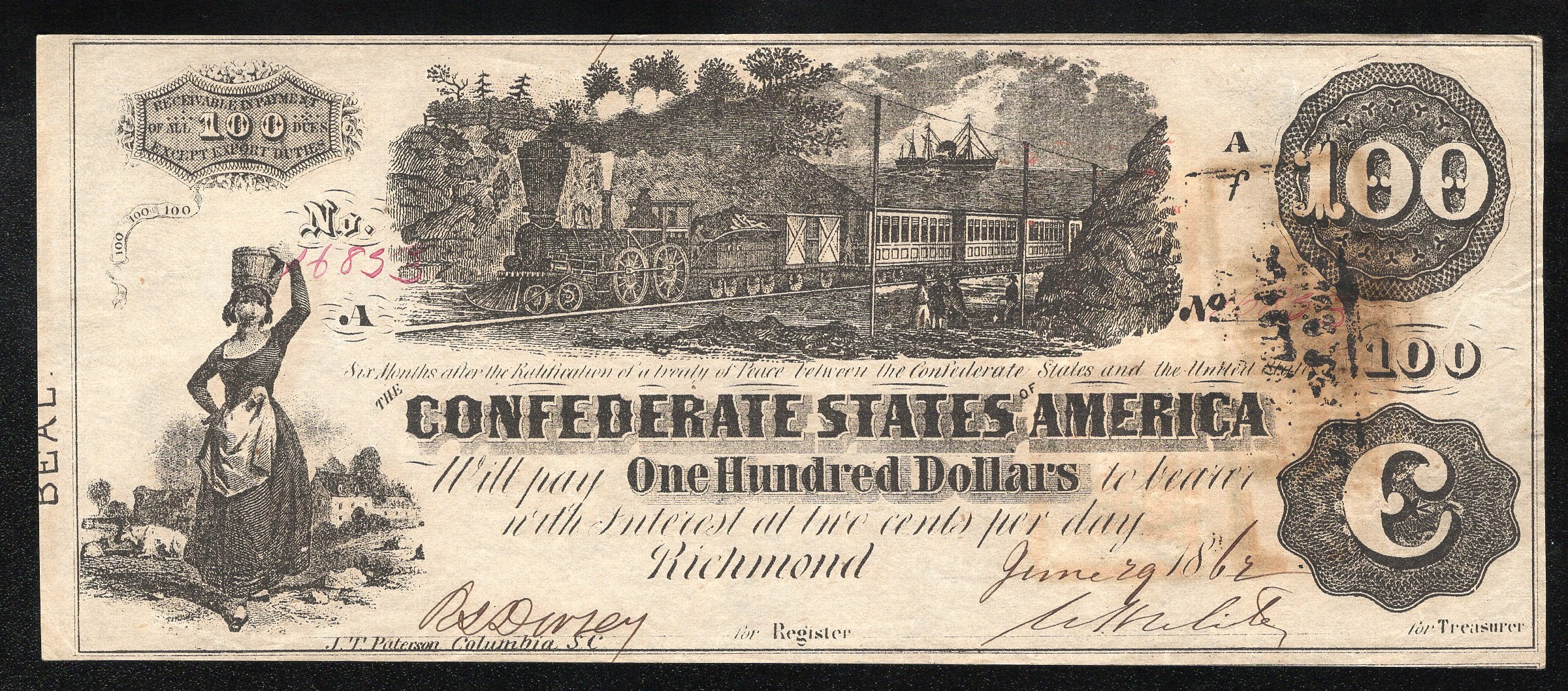 T-39 1862 $100 CONFEDERATE CURRENCY CIVIL WAR 16853