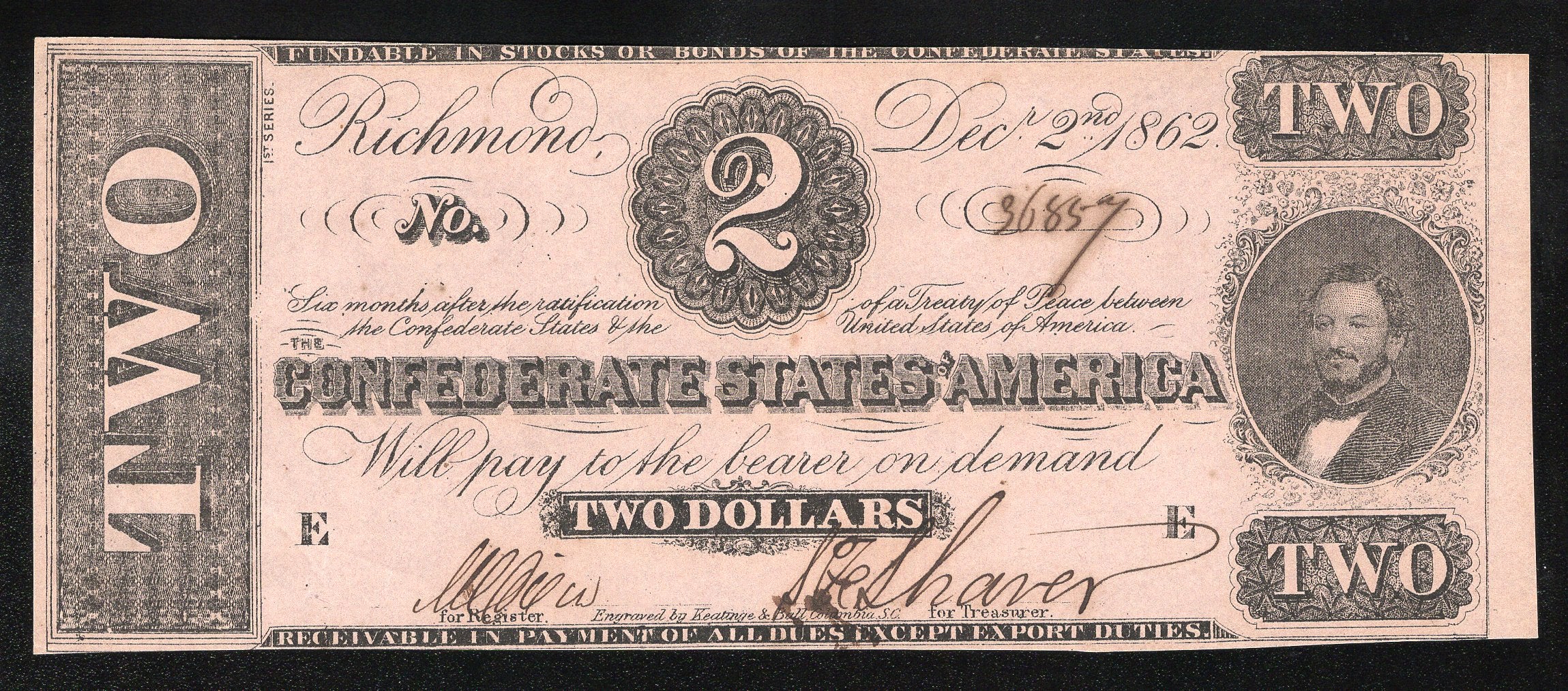 T-54 1862 $2 CONFEDERATE CURRENCY CIVIL WAR NOTE TWO DOLLAR BILL 3685