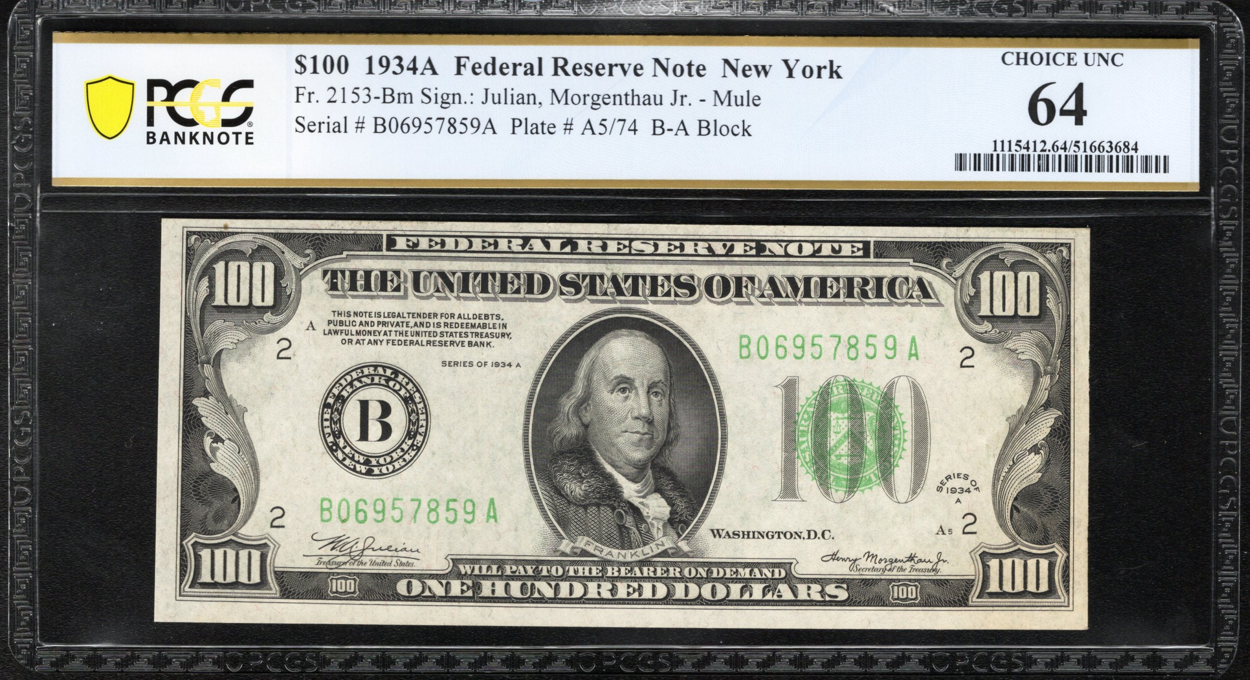 1934-A $100 NEW YORK FRN PCGS 64 ONE HUNDRED DOLLAR BILL Fr 2153-Bm 57859