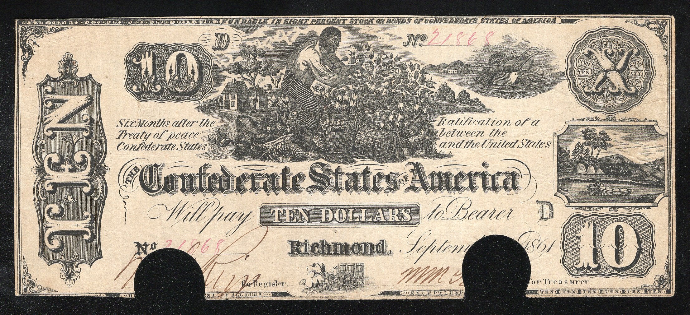 T-29 1861 $10 CONFEDERATE CURRENCY CIVIL WAR BANK NOTE 21868