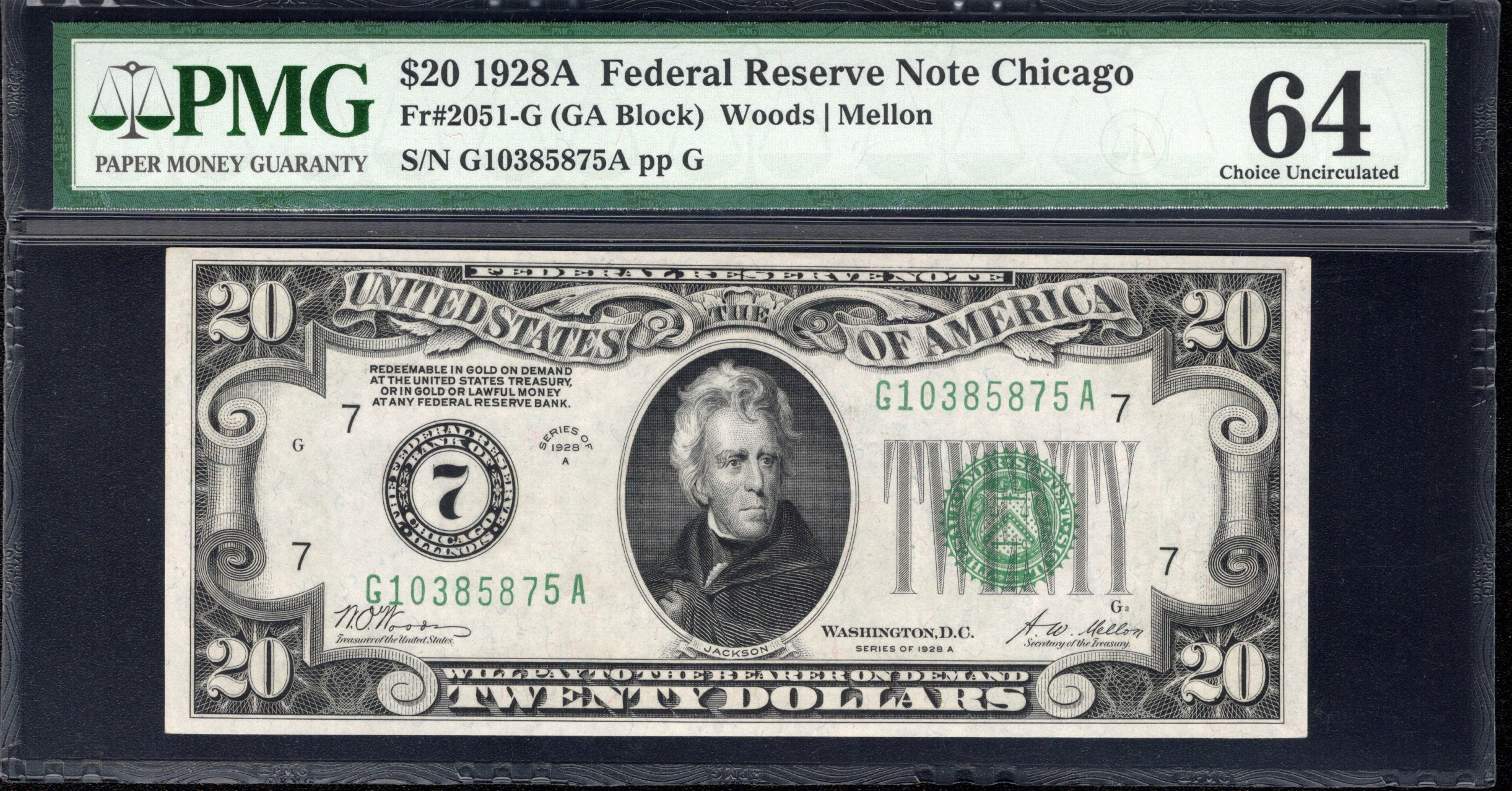 1928-A $20 CHICAGO NUMERICAL FRN Federal Reserve Note PMG 64 Fr 2051-G 85875