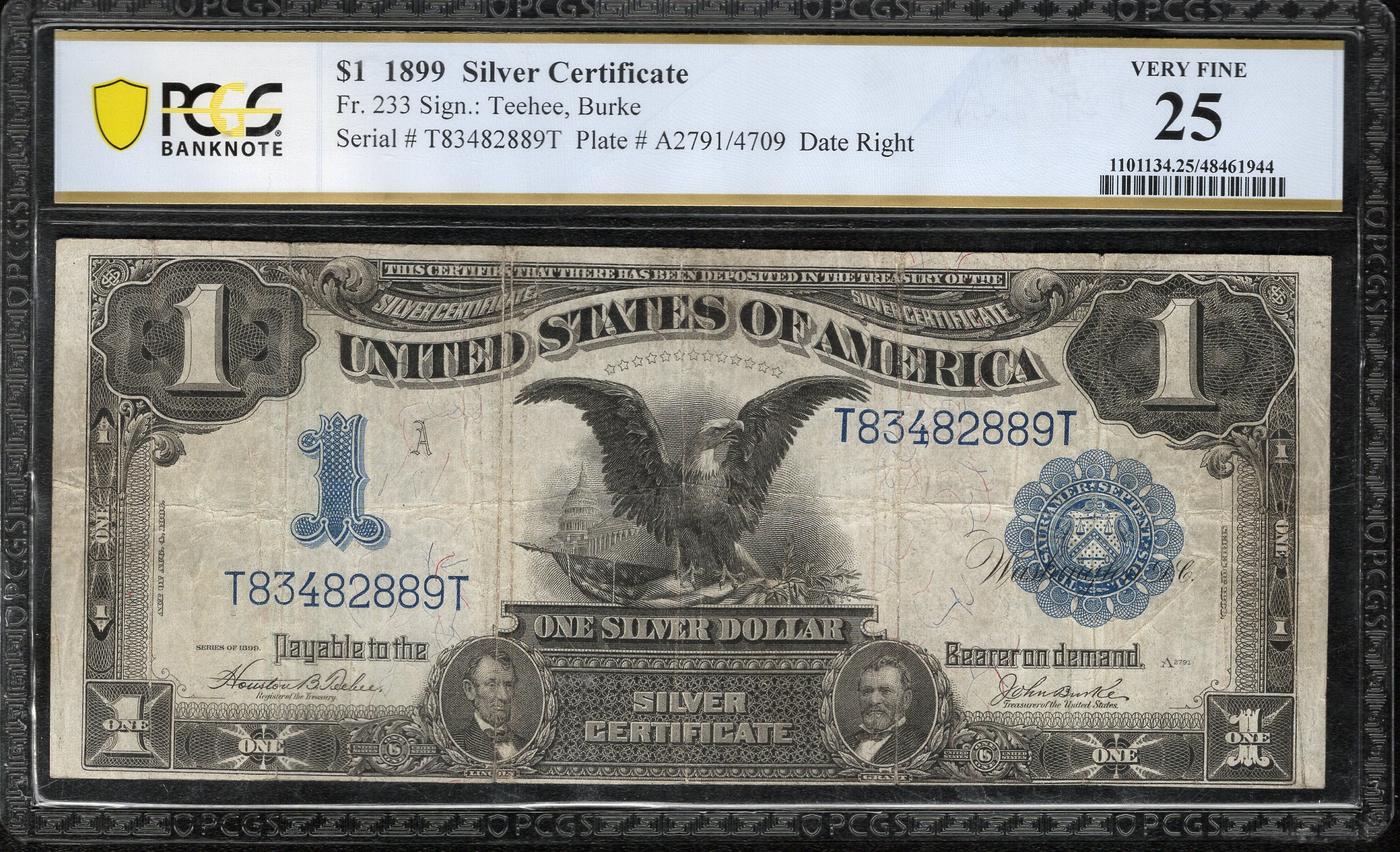 1899 $1 SILVER CERTIFICATE BLACK EAGLE PCGS 25 COMMENT Fr 233 82889