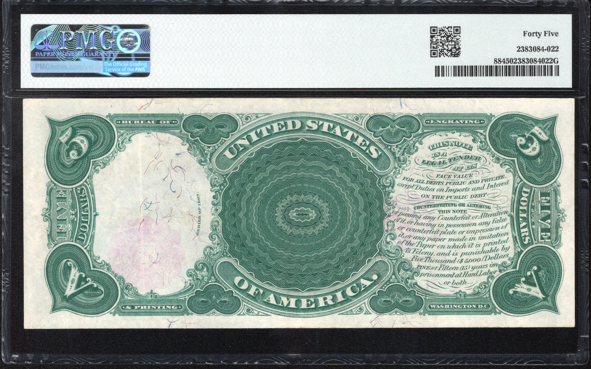 1907 $5 Legal Tender Woodchopper PMG 45 Fr 88