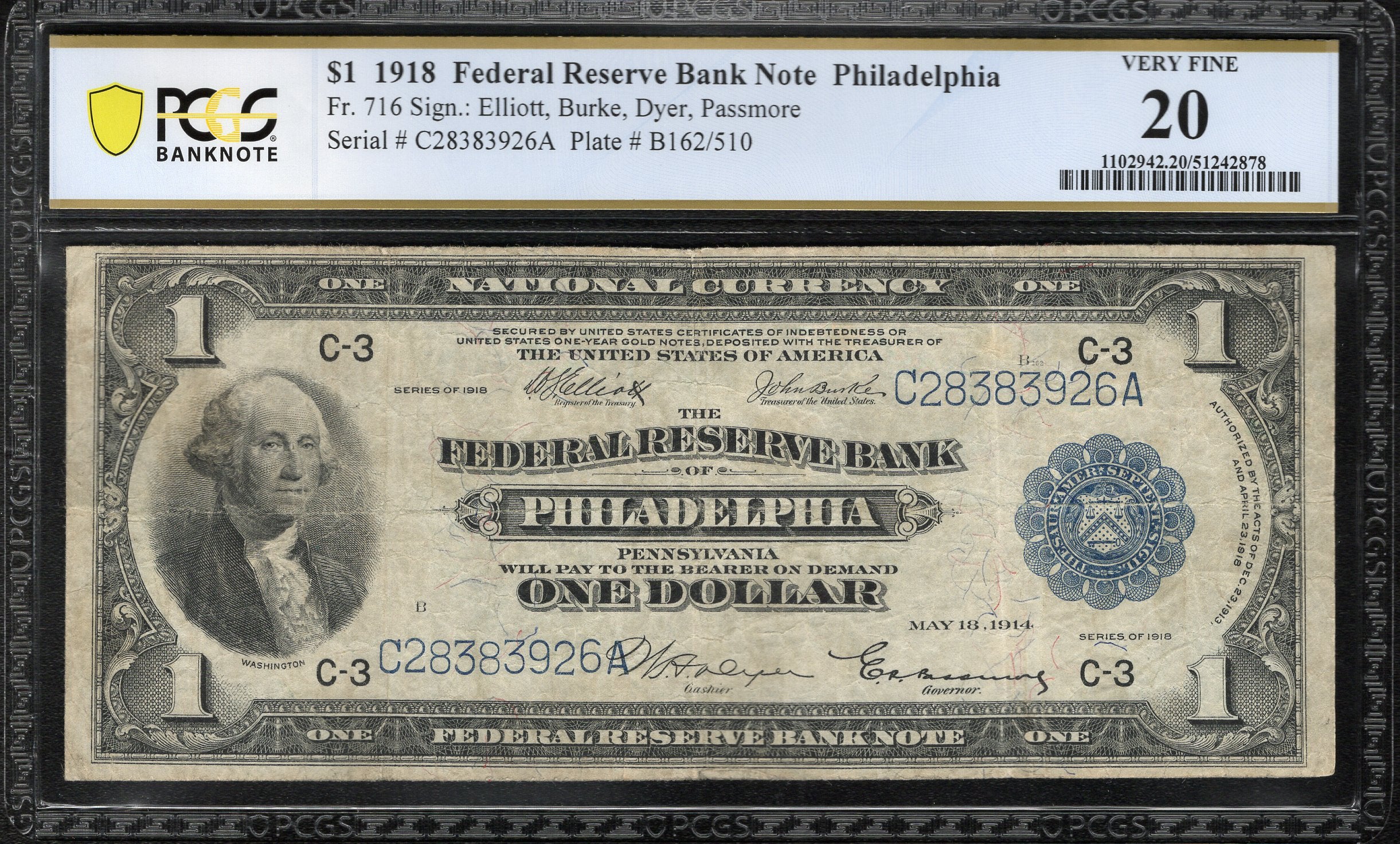 1918 $1 PHILADELPHIA FRBN "GREEN EAGLE" FEDERAL RESERVE PCGS 20 Fr 716 83926