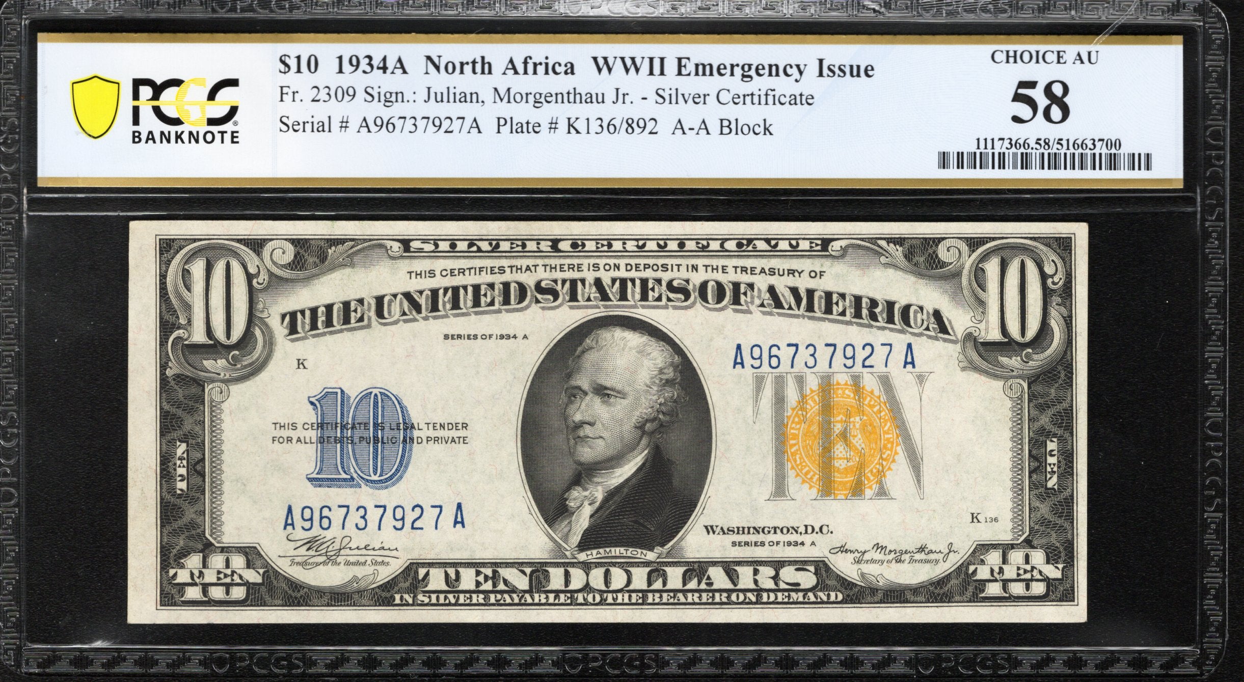 1934-A $10 NORTH AFRICA Silver Certificate PCGS 58 Fr 2309 WWII CURRENCY 37927