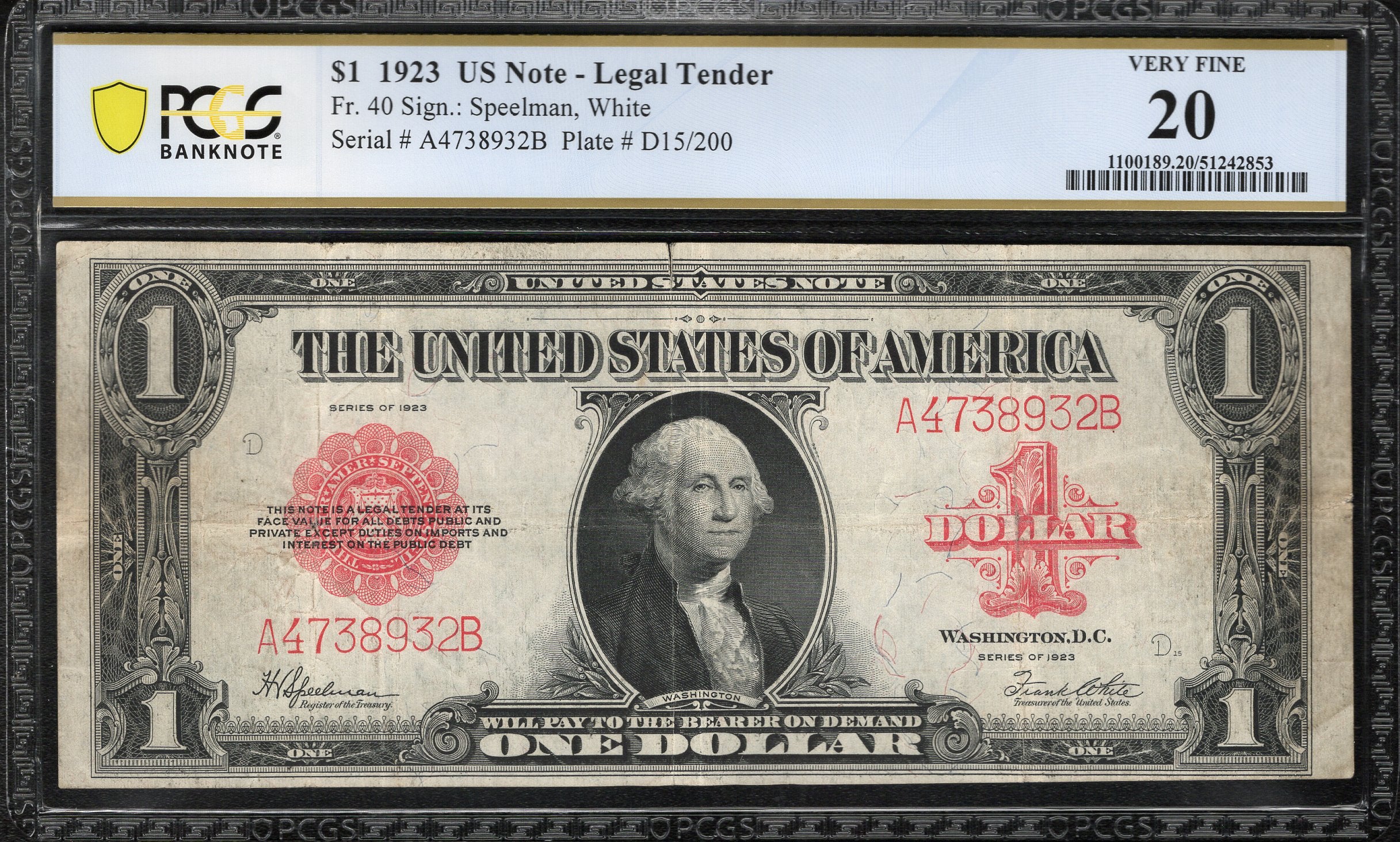 1923 $1 LEGAL TENDER NOTE PCGS 20 COMMENT Fr 40 RED SEAL ONE DOLLAR BILL 38932