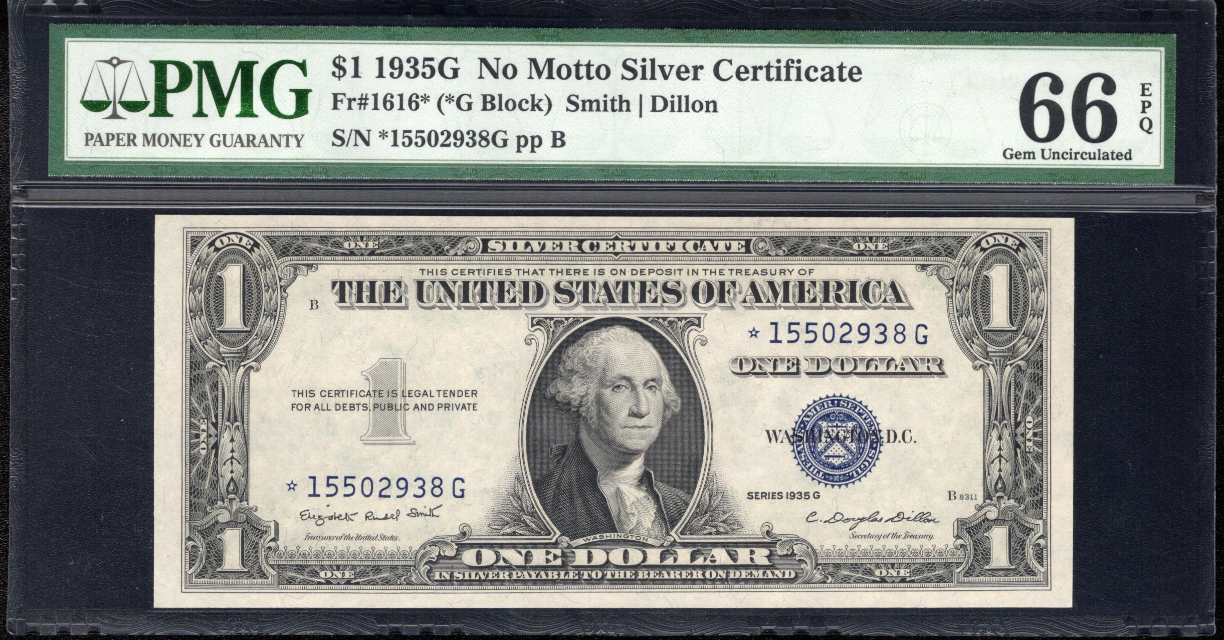 1935-G $1 SILVER CERTIFICATE STAR REPLACEMENT PMG 66 EPQ Fr 1616* 02938