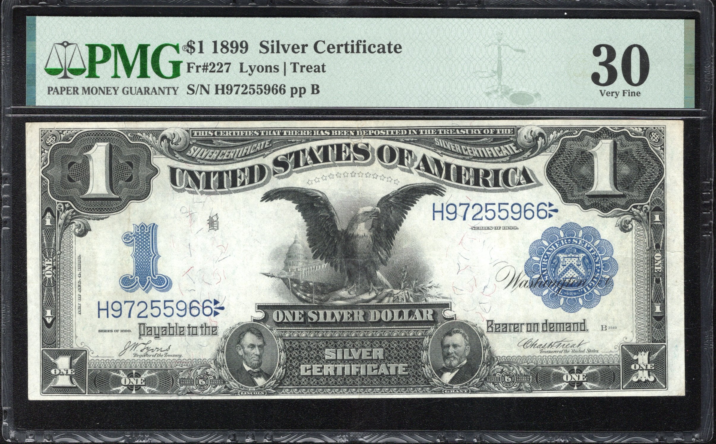 1899 $1 SILVER CERTIFICATE BLACK EAGLE PMG 30 COMMENT Fr 227 55966